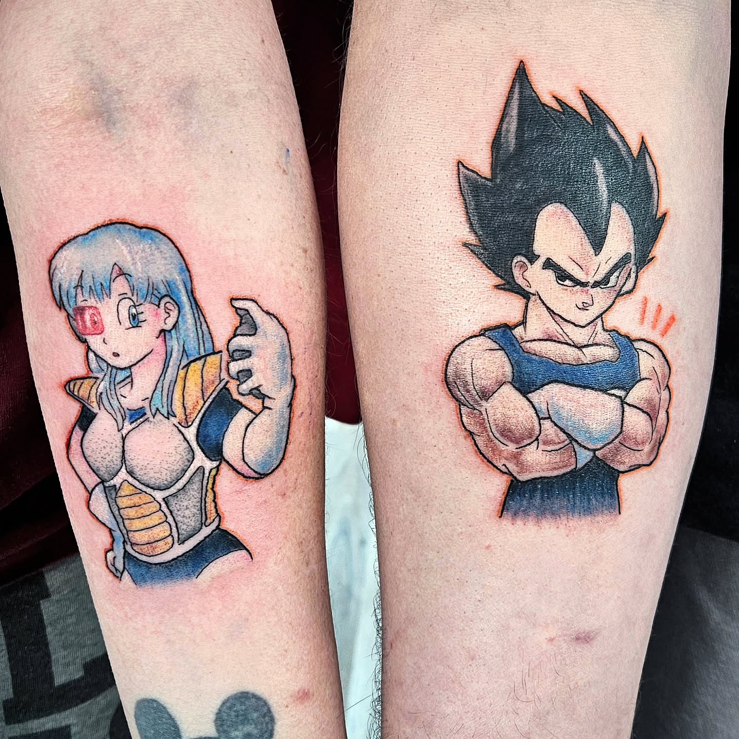 Dragon Ball characters anime tattoo on the thigh by Damian Eames