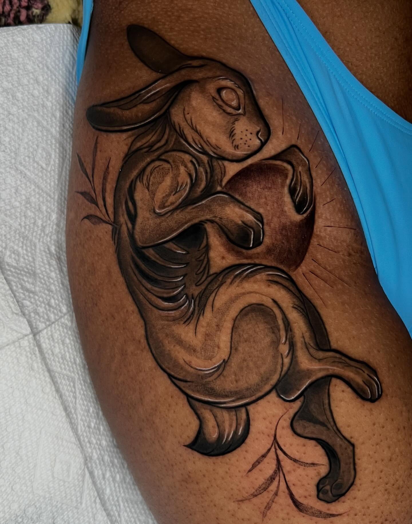 Rabbit black and grey tattoo on the thigh by ✧ :: paloma :: ✧