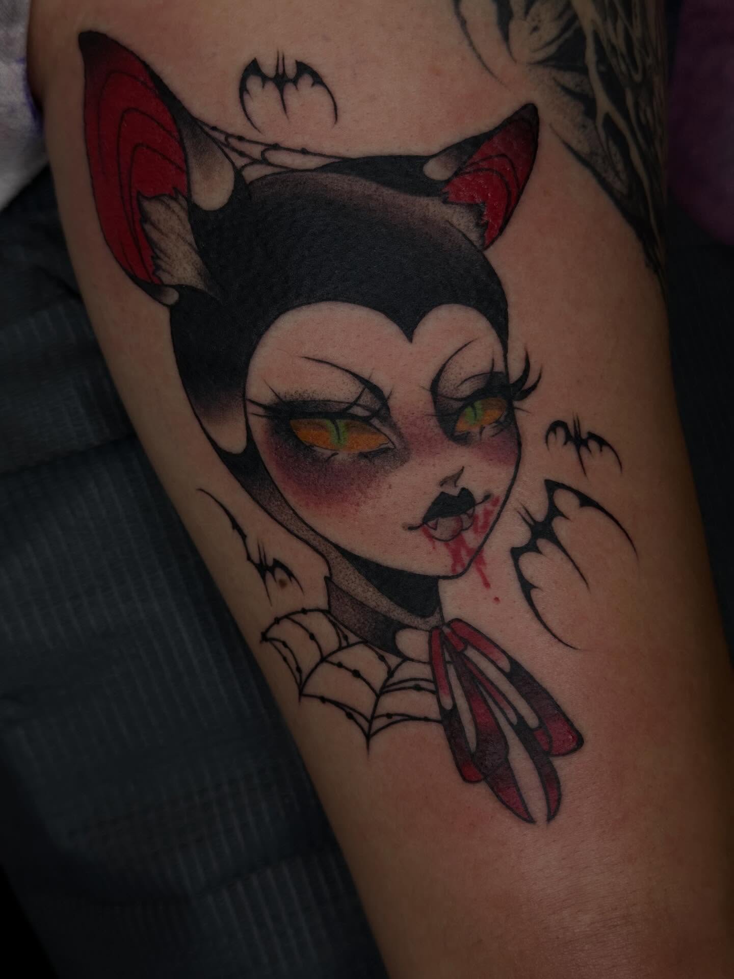 Bat girl dark realism tattoo on the thigh by 𝔅𝔞𝔱𝔅𝔬𝔫𝔢 🦇Mariah Hernandez
