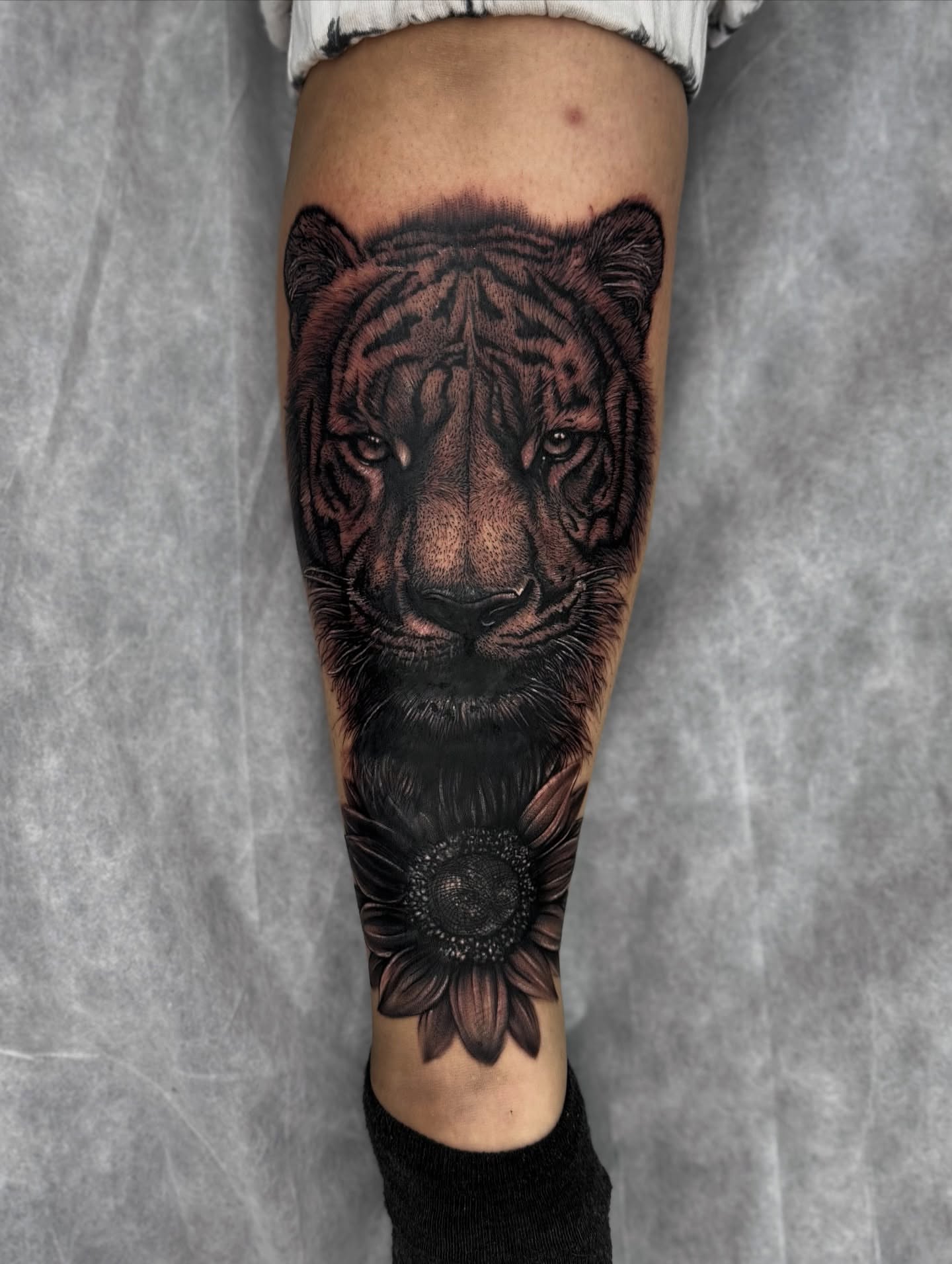 Tiger realism tattoo on the calf by Georgianna Ink, Las Vegas, Nevada