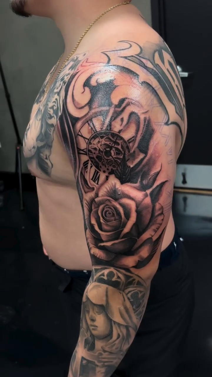 Compass, rose, and portrait realism tattoo by J.diaz🎖️
