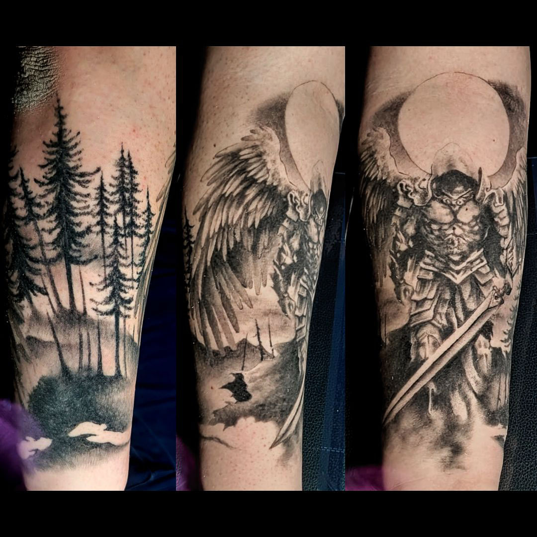 Forest, angel, warrior realism tattoo on the forearm by Dave Chercourt, Willoughby, Ohio