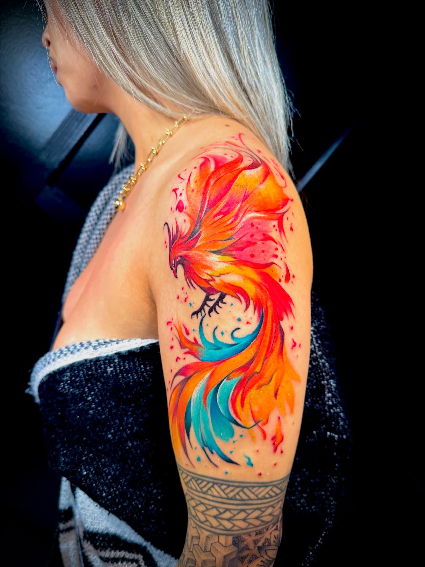 Phoenix watercolor tattoo on the shoulder by John Ayson, Murrieta, California