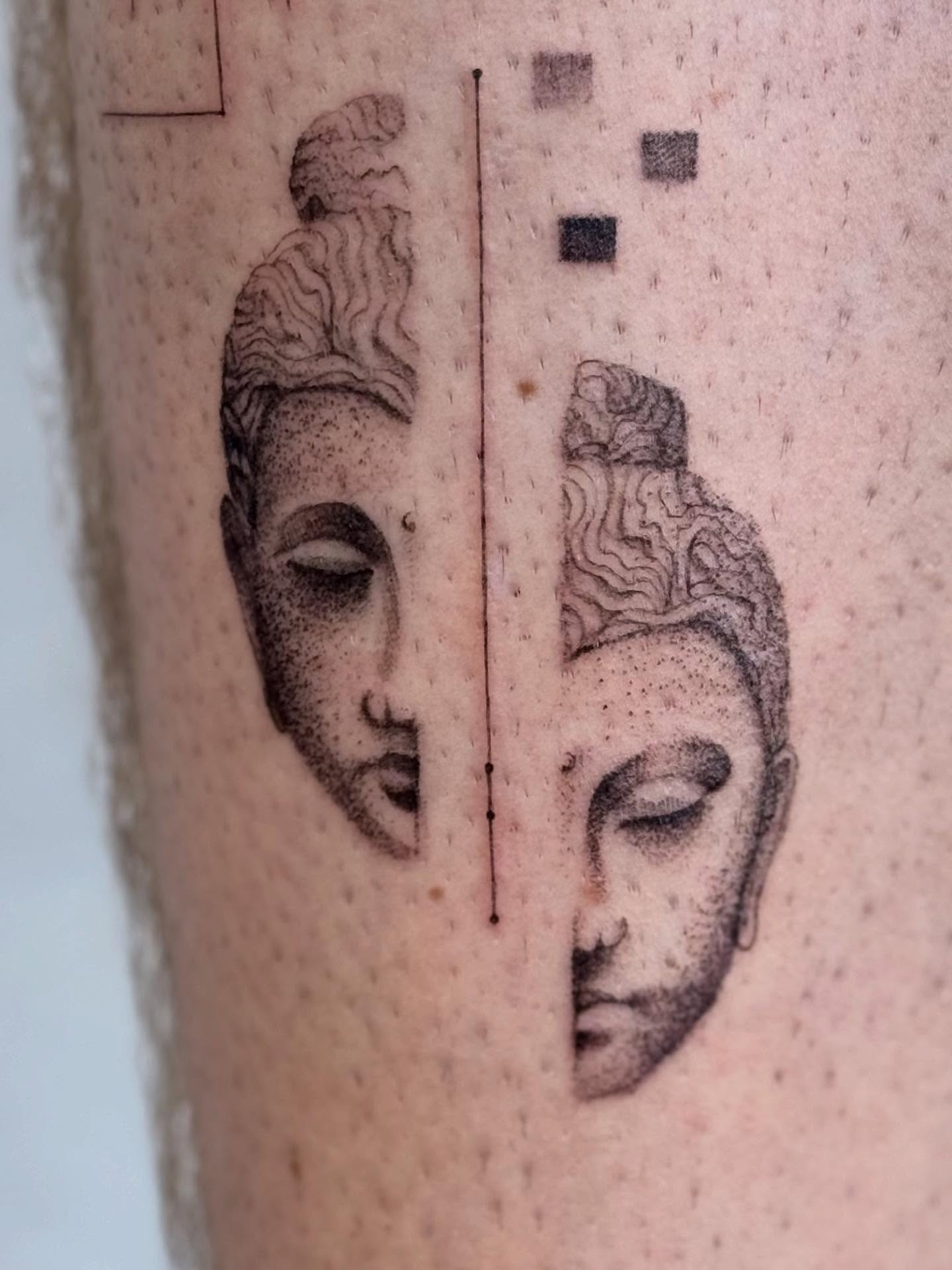 Buddha heads dotwork tattoo on the forearm by Karina ⋆⭒˚.⋆
