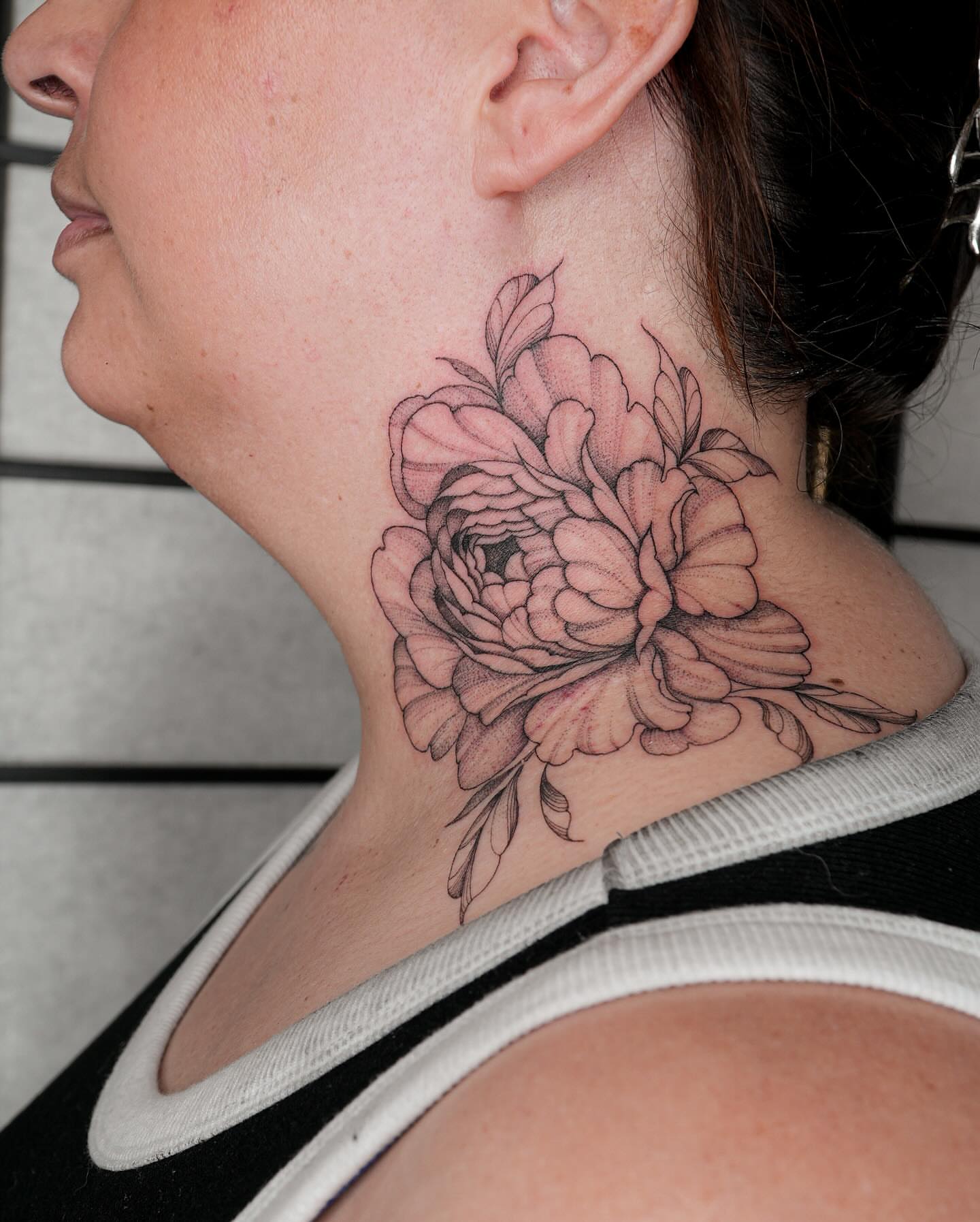 Peony black and grey tattoo on the neck by Pandora ✨ Floral, Los Angeles, California