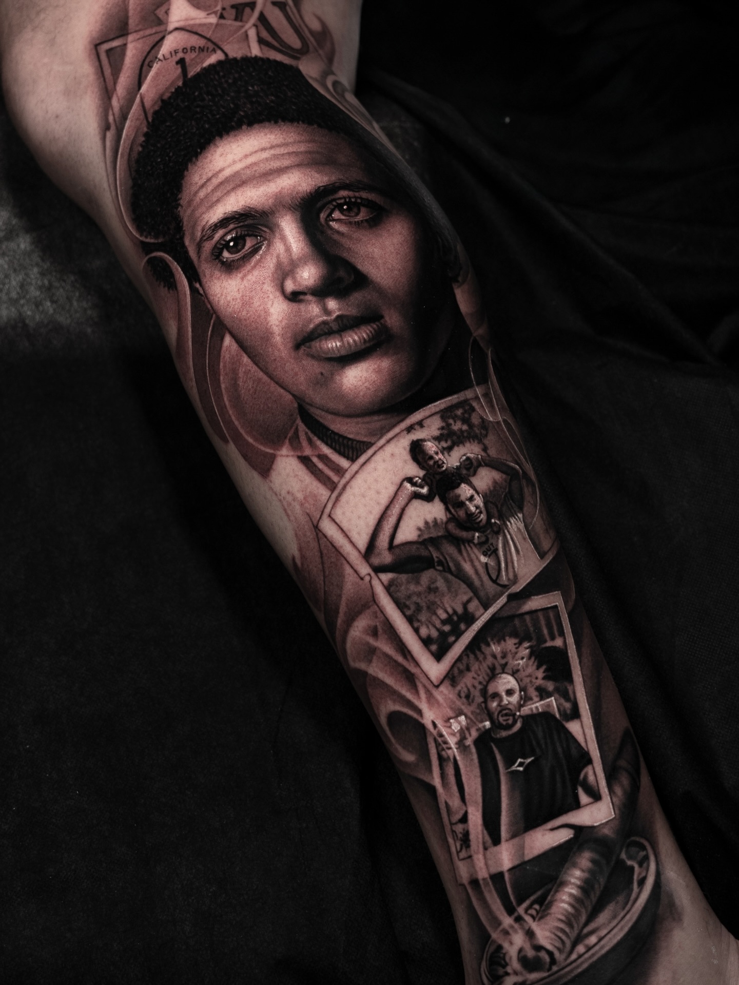 Portrait of a man with photos surrealism tattoo on the forearm by @_garart_