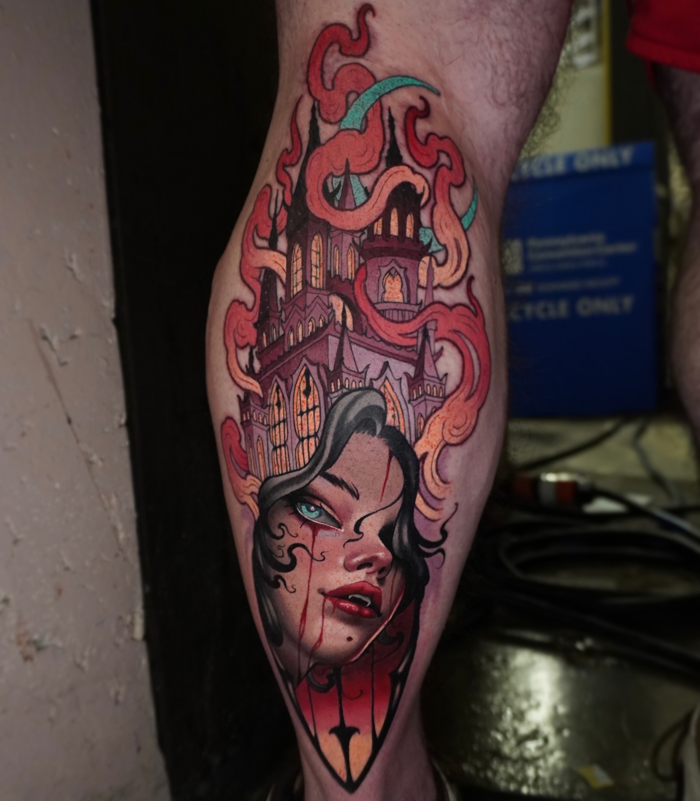 Woman with castle American traditional tattoo on the forearm by Andrey