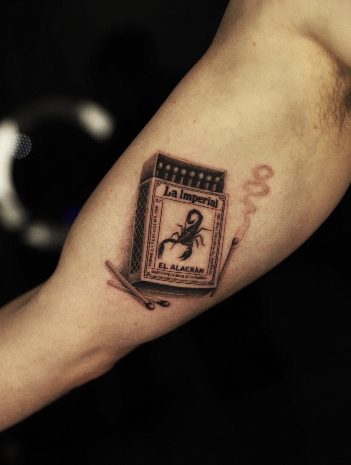 Scorpion matchbox realism tattoo on the forearm by Las Vegas tattoo