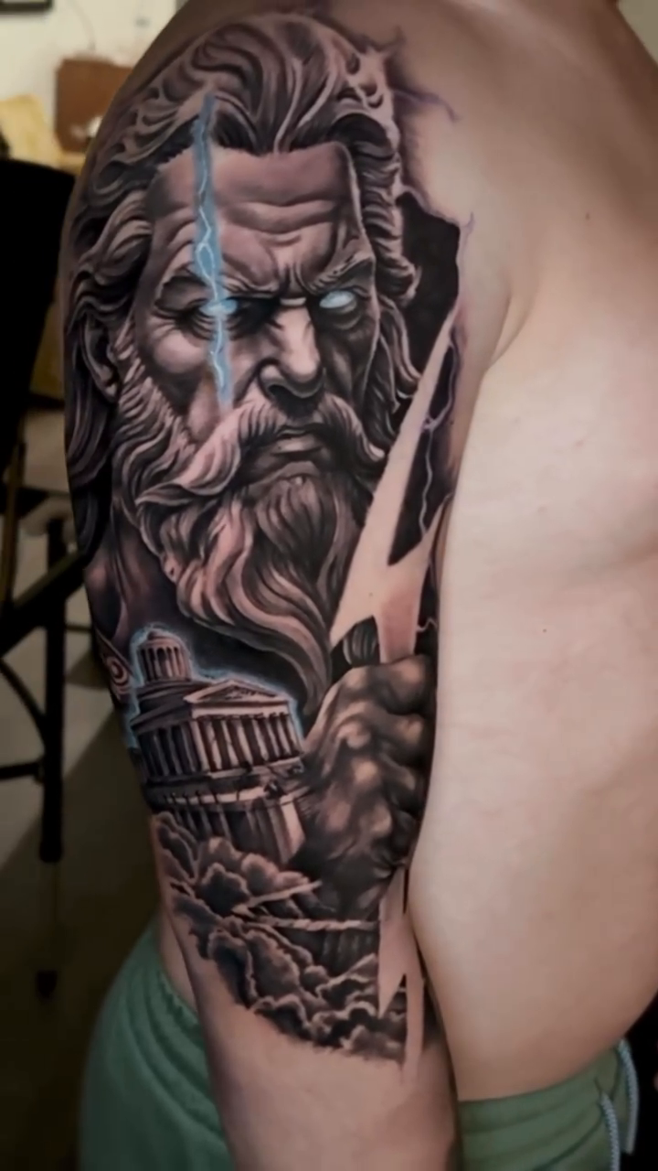 Zeus with lightning and Parthenon realism tattoo by Drex - Dallas Tattoo Artist