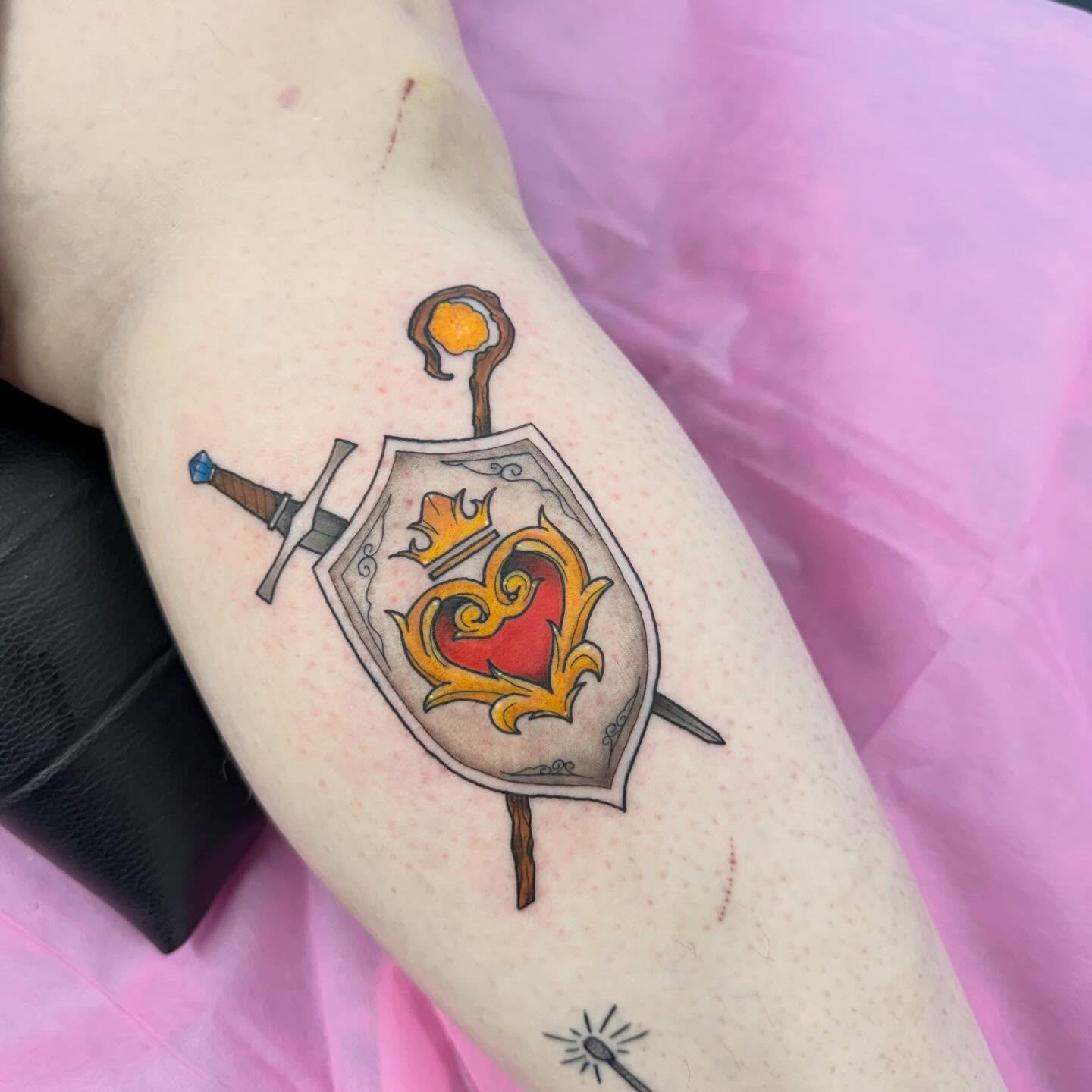 Sword and shield American traditional tattoo on the forearm by Erica Rose π€