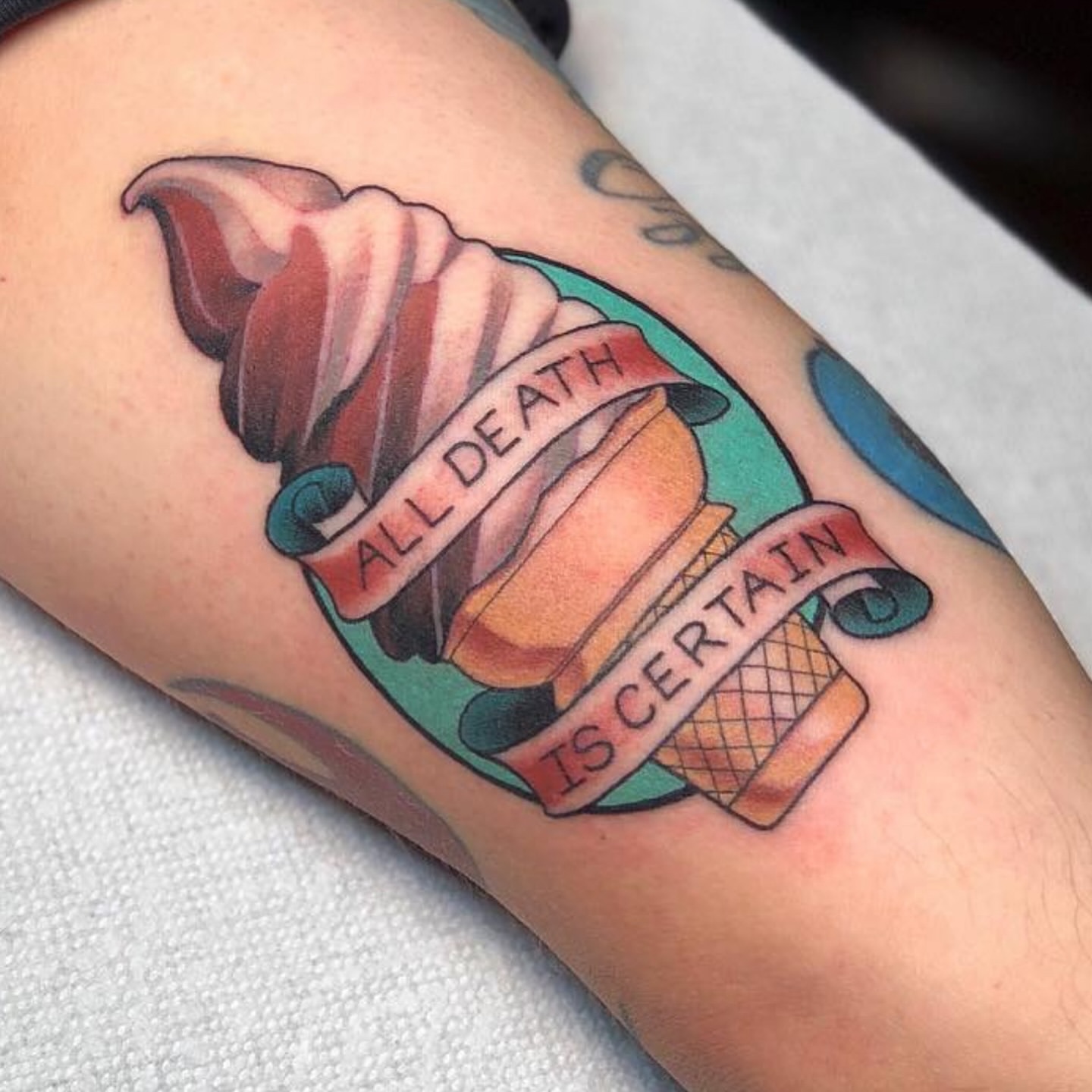 Ice cream cone American traditional tattoo on the forearm by Ｊｉｍ Ｓｙｌｖｉａ