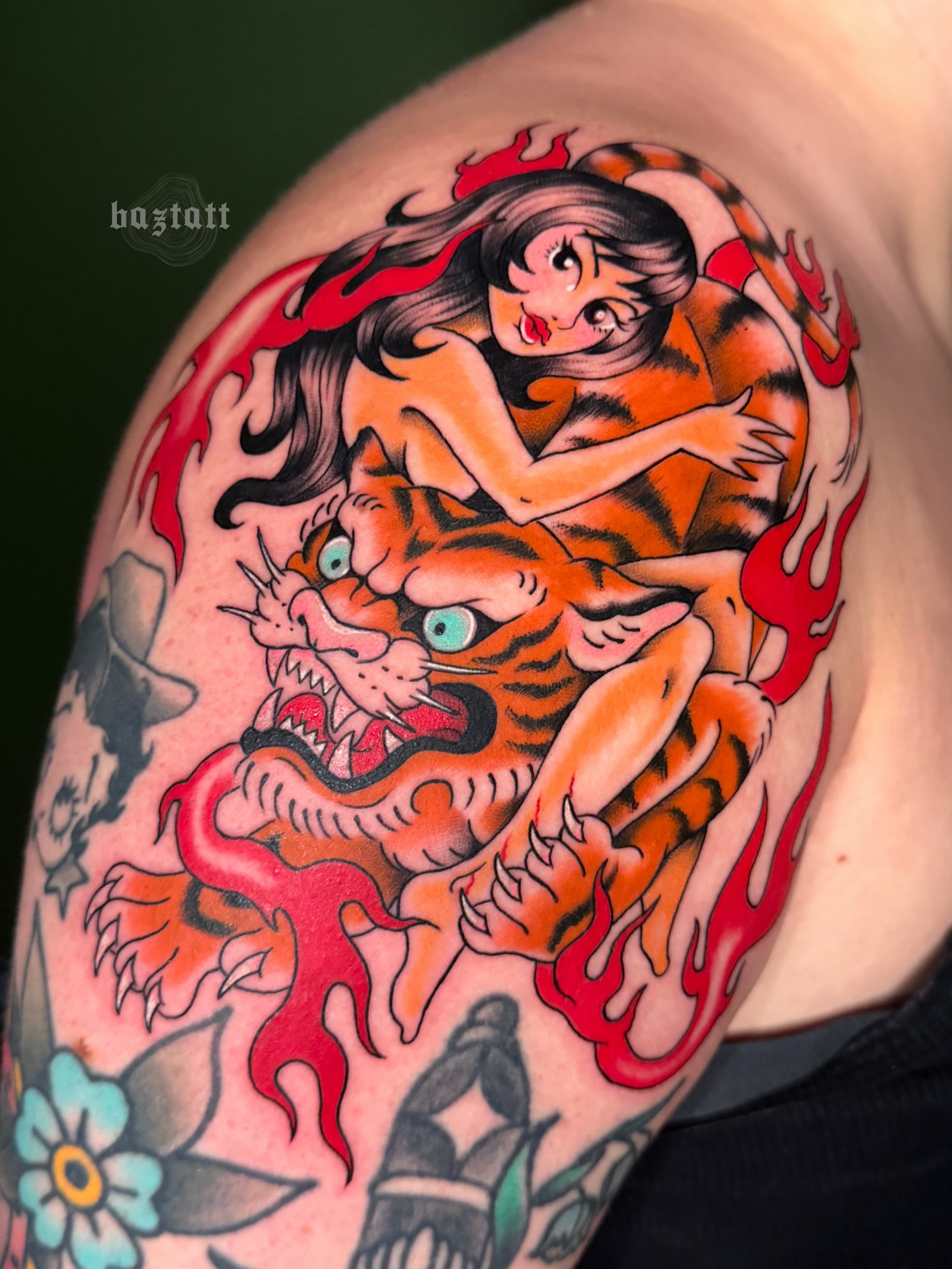 Woman riding tiger American traditional tattoo on the shoulder by bri allura ✿ tattoo artist  ✿ cleveland, oh