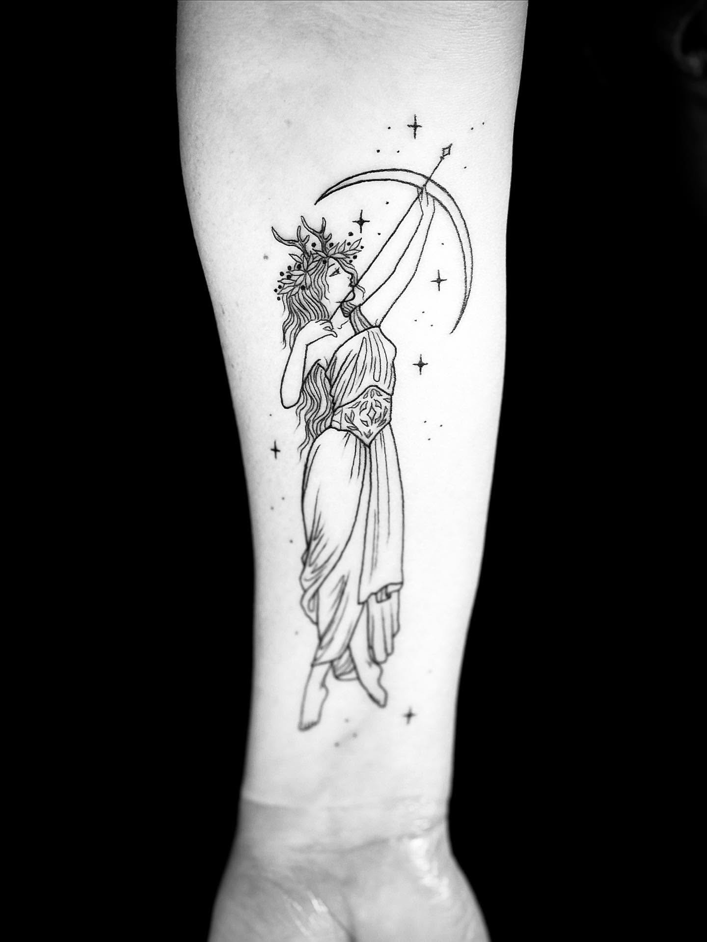 Goddess with crescent moon black and grey tattoo on the forearm by Annie Mess