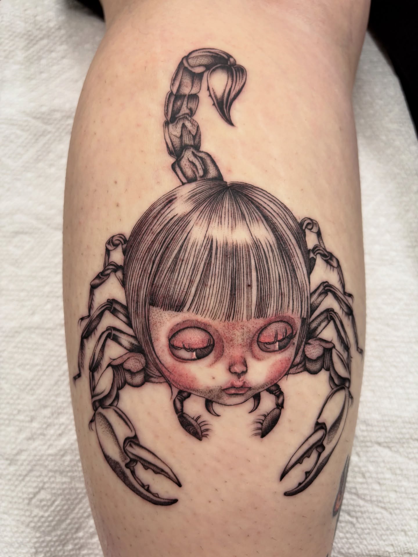 Scorpion girl realism tattoo on the forearm by Nori