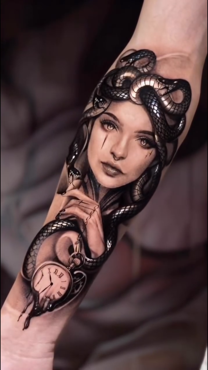 Medusa with snakes and a clock realism tattoo by Francis nieves, Miami, Florida
