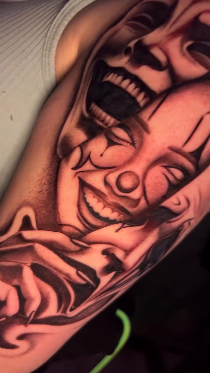Comedy and tragedy masks realism tattoo by ππππππ