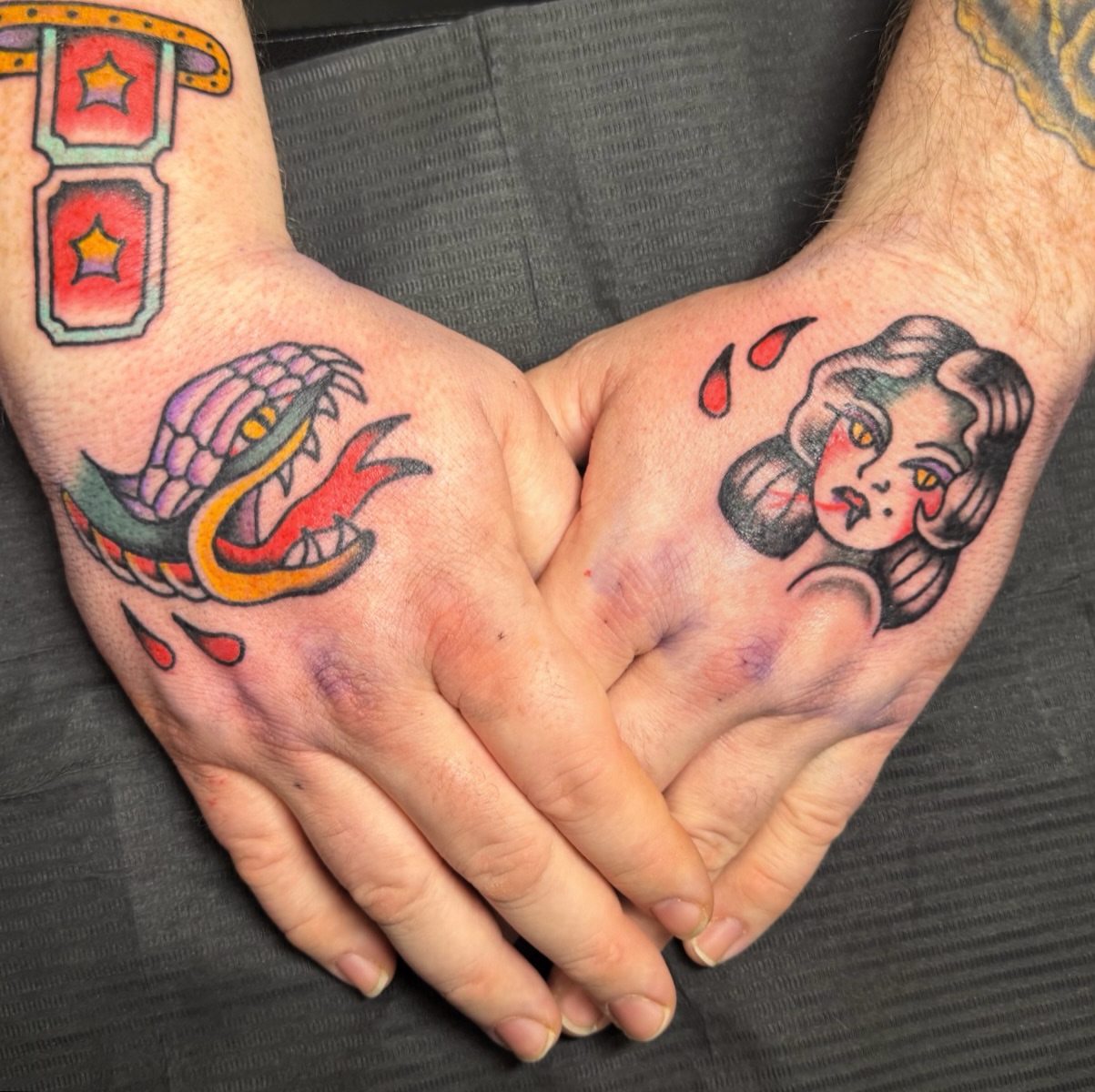 Snake and woman American traditional tattoo on the hand by abbey pickens 🧚 cleveland ohio