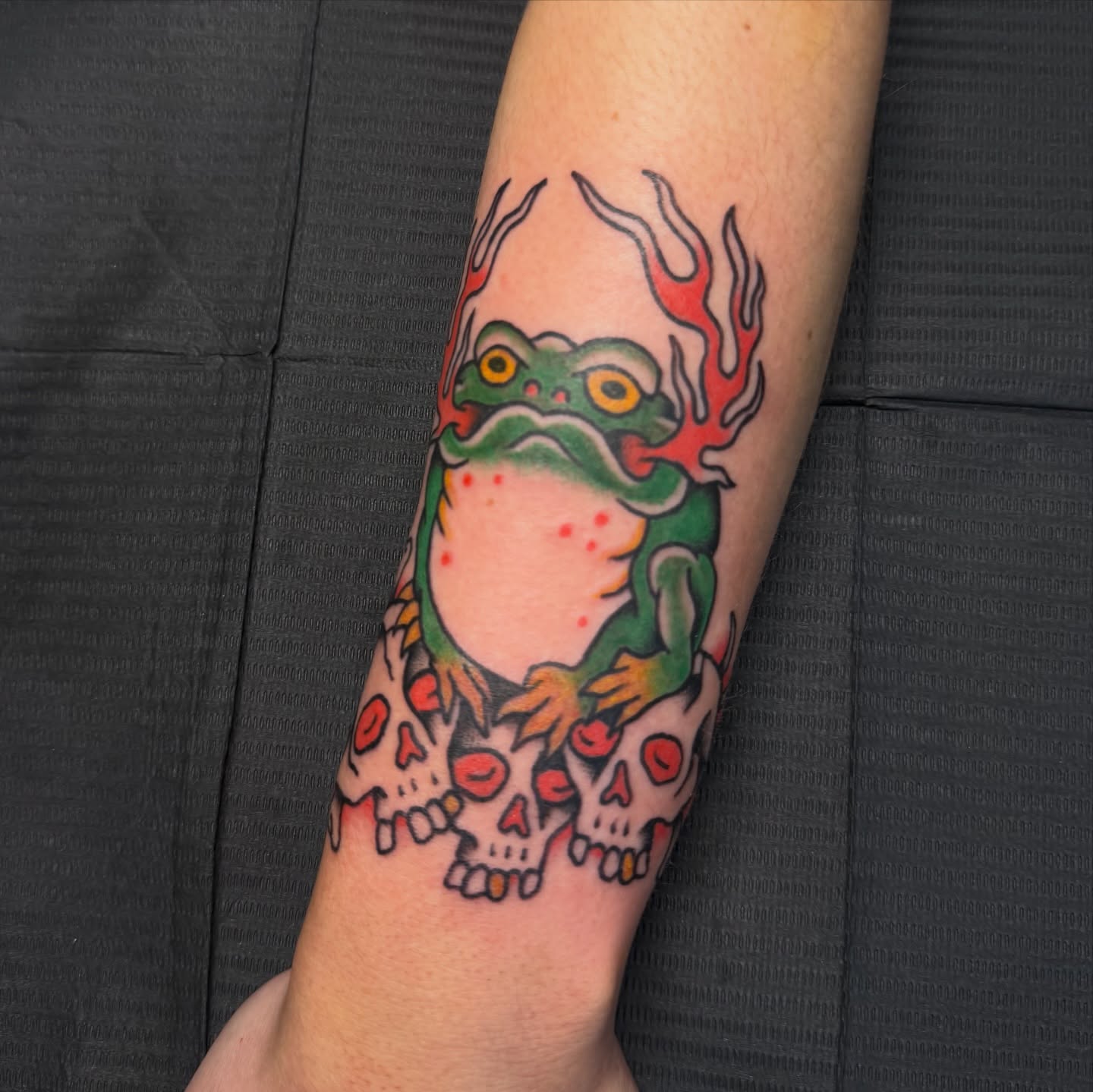 Frog on skulls American traditional tattoo on the forearm by abbey pickens 🧚 cleveland ohio
