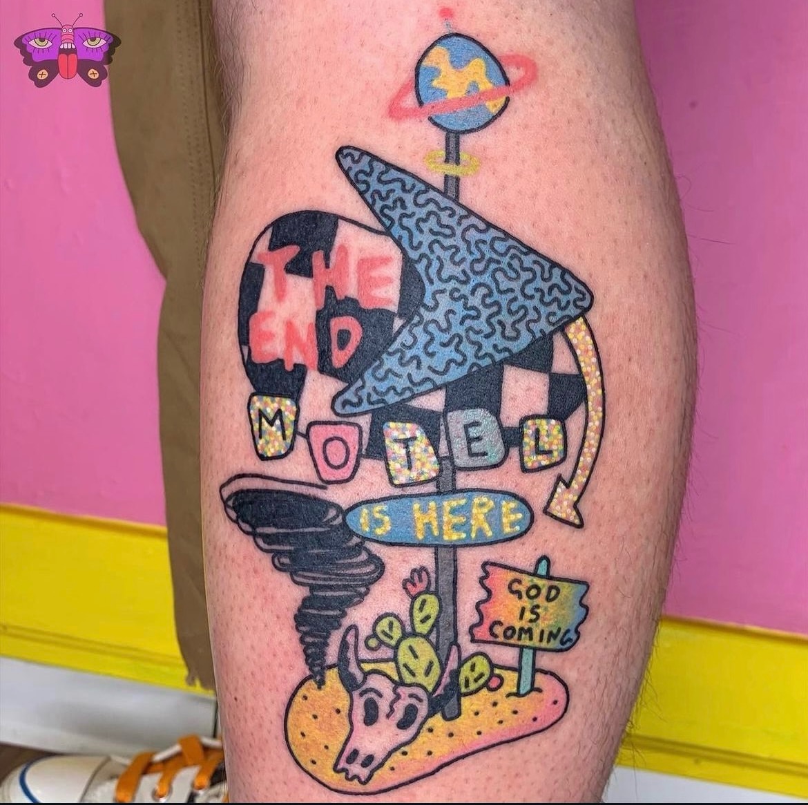 Apocalyptic road sign dotwork tattoo on the thigh by Jess Koala, San Francisco, California