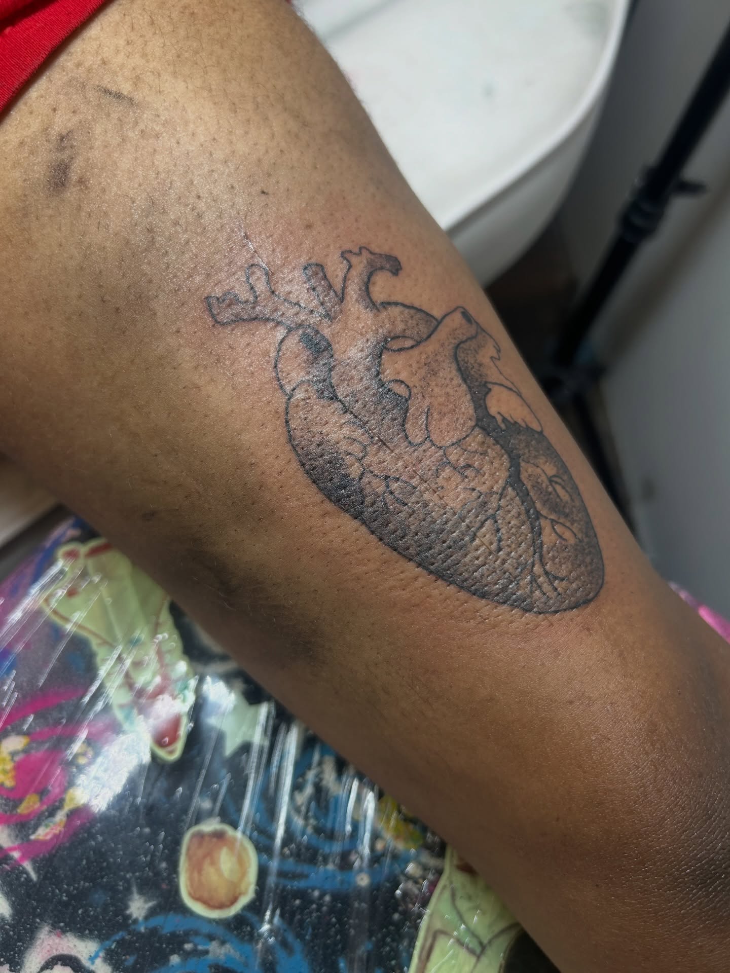 Anatomical heart black and grey tattoo on the forearm by Meela Inks ๐, Richmond, Virginia