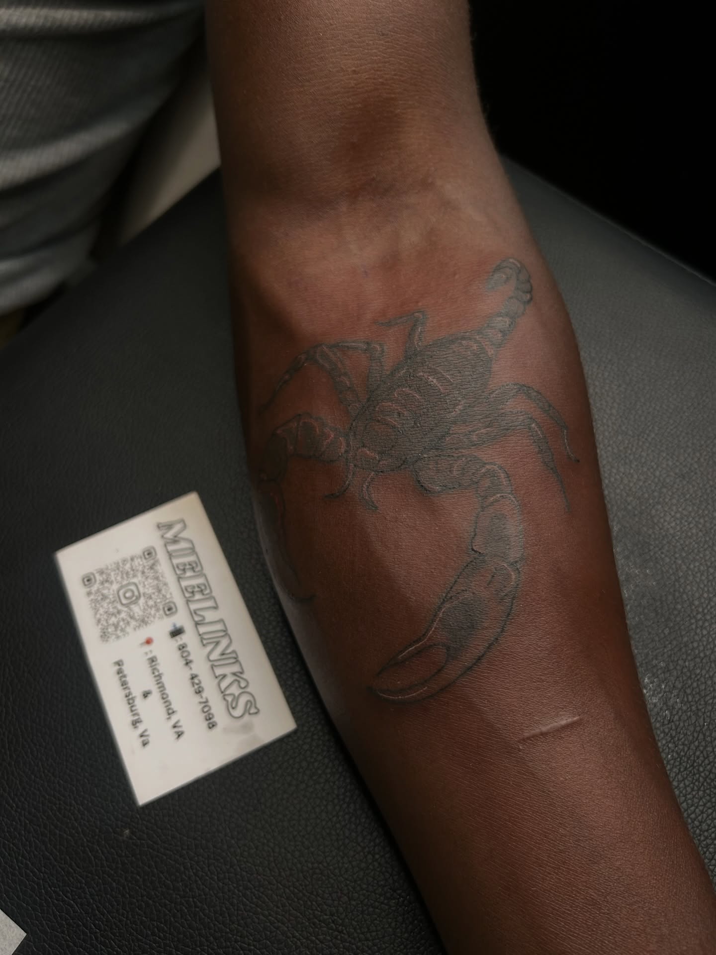 Scorpion black and grey tattoo on the forearm by Meela Inks ๐, Richmond, Virginia