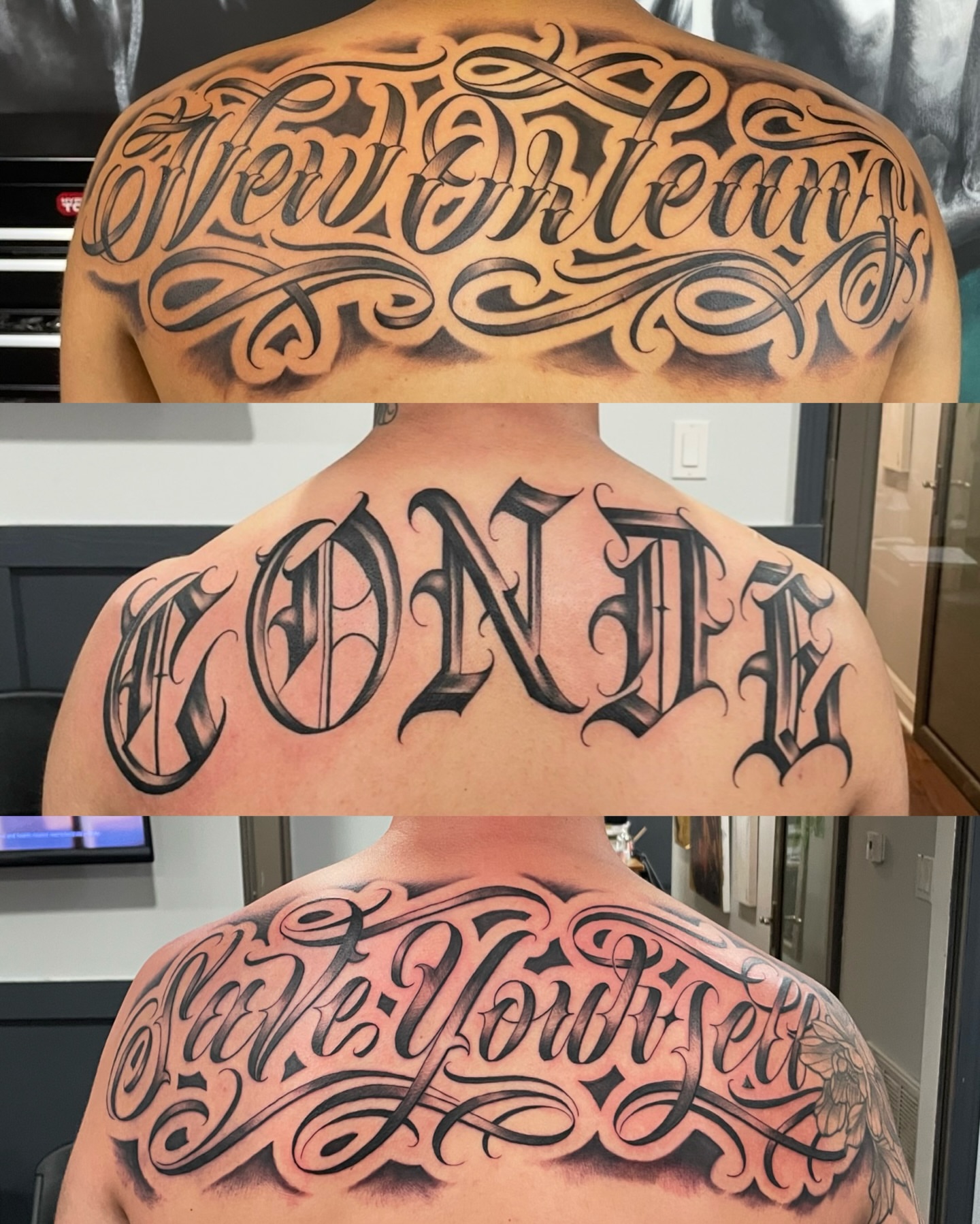 New Orleans lettering script tattoo on the back by Blake