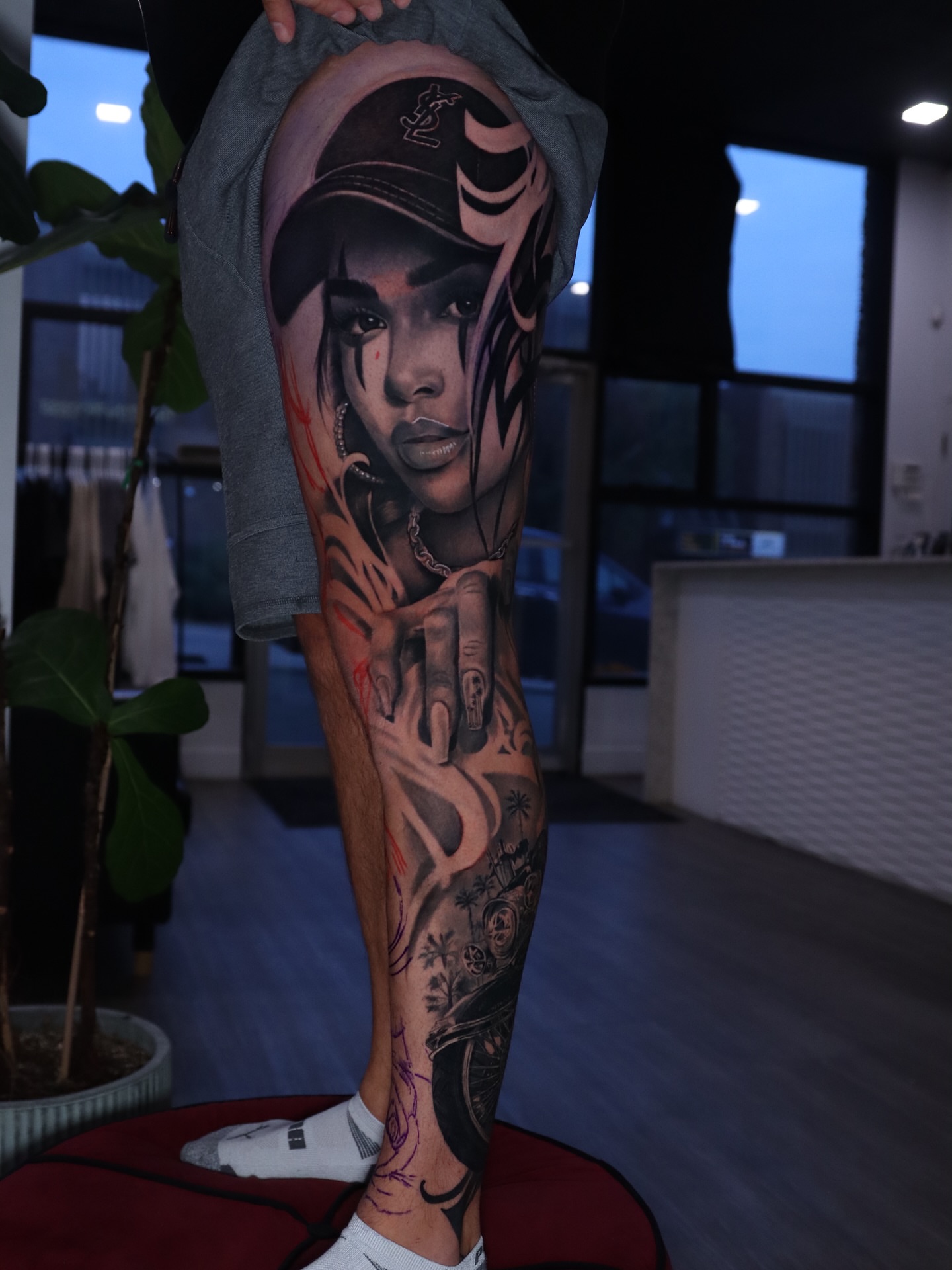 Female portrait realism tattoo on the leg by Naomi Burke, New Westminster, British Columbia