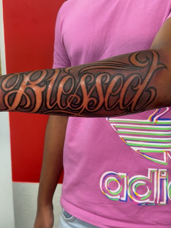 Blessed lettering script tattoo on the forearm by guinn_art_tatts, Le Moule