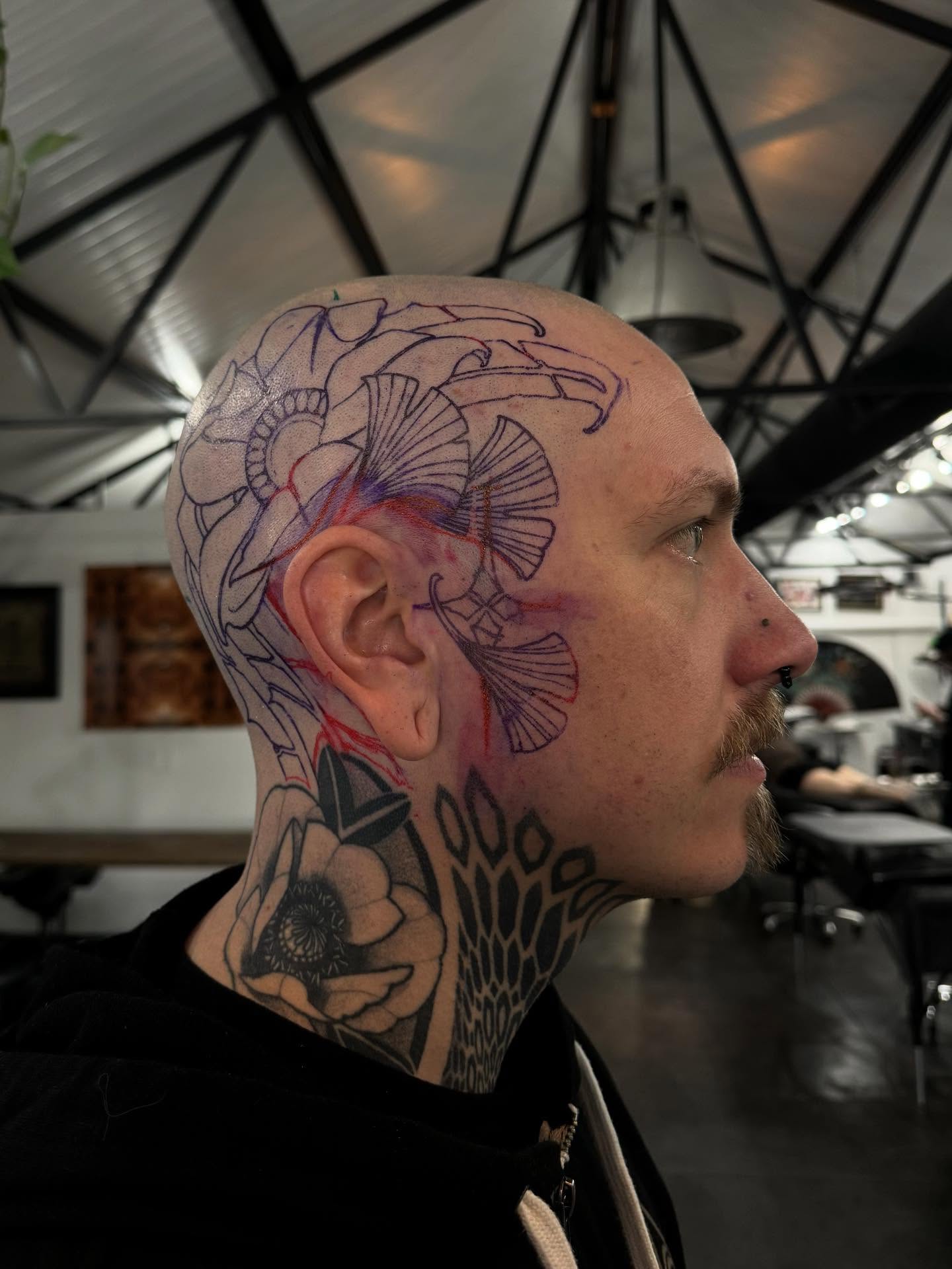 Floral design geometric tattoo on the head by Heather Apgar