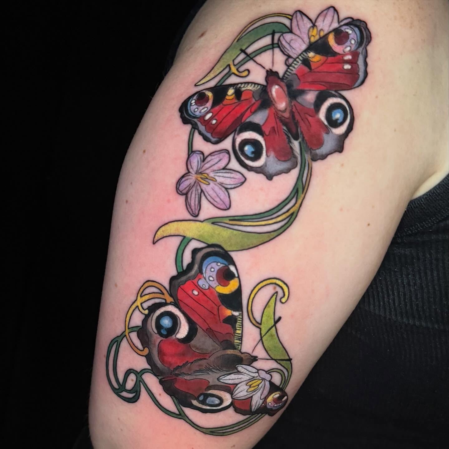 Butterflies and flowers new school tattoo on the forearm by Paige Hudon, Chicago, Illinois