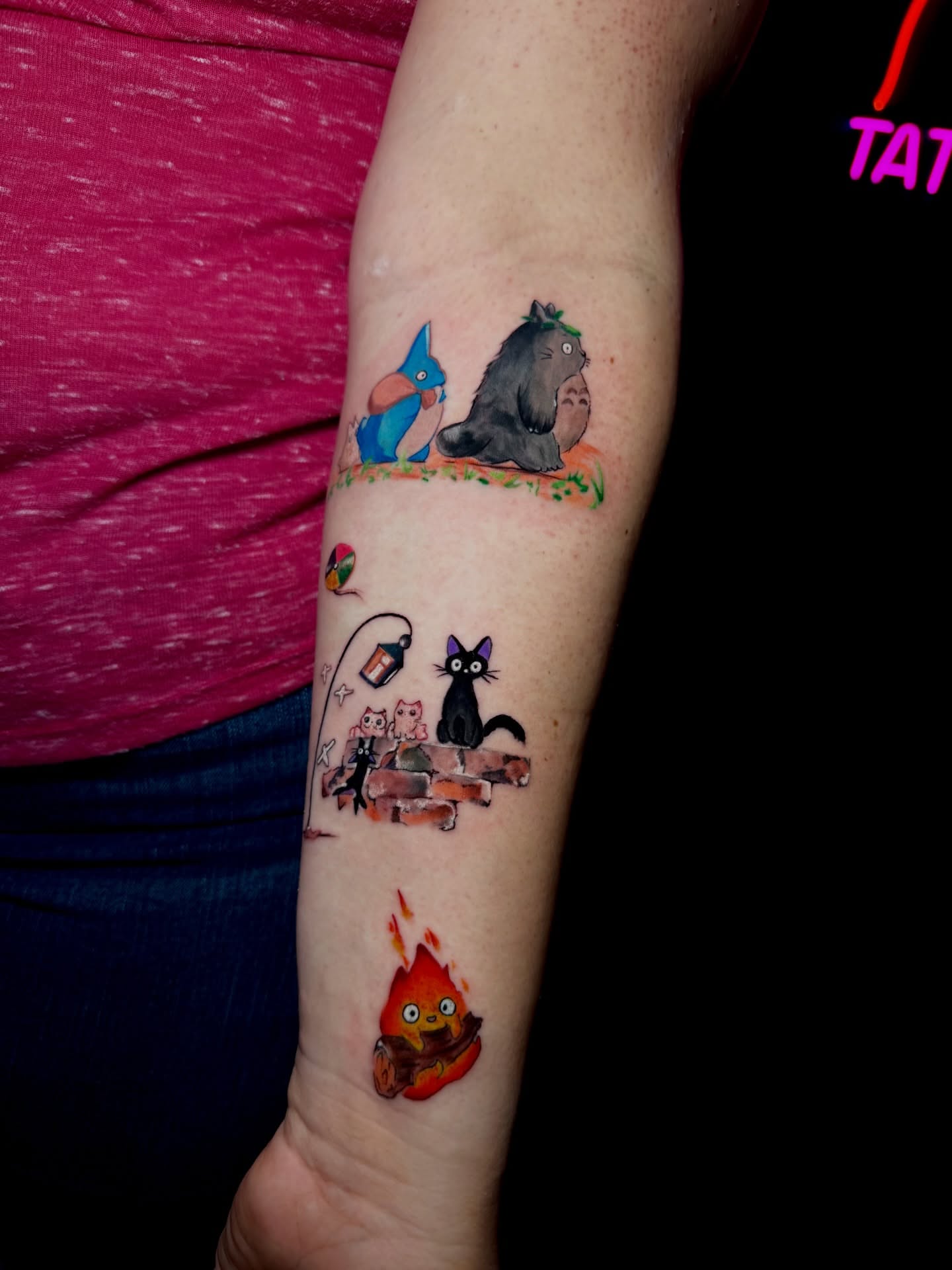 My Neighbor Totoro watercolor tattoo on the forearm by Keyla Valdes, Miami, Florida
