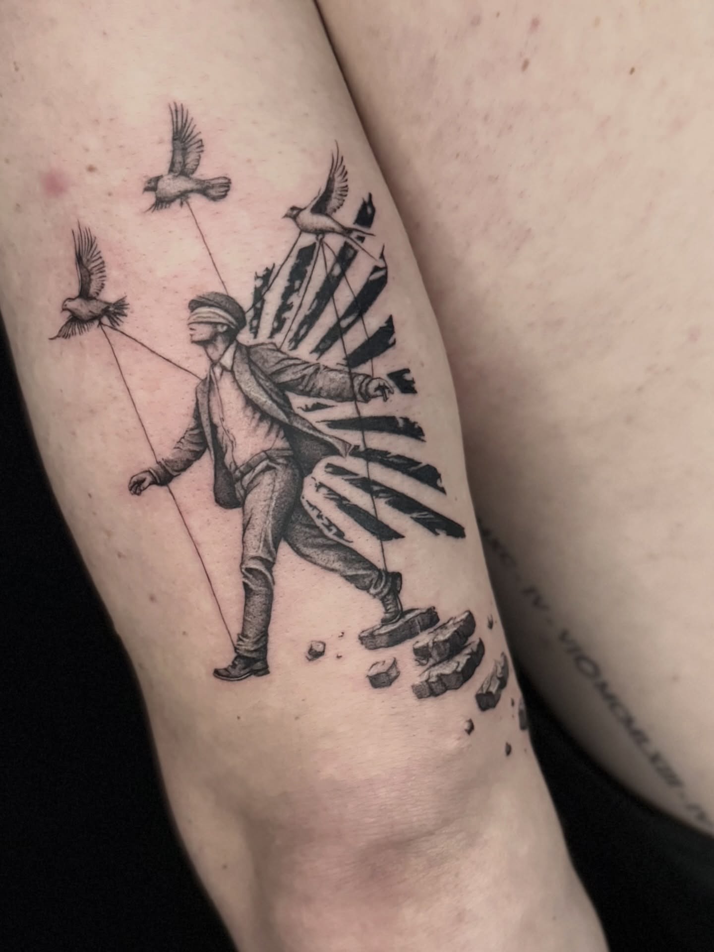 Man with birds black and grey tattoo on the forearm by Miro Ink Tattoo