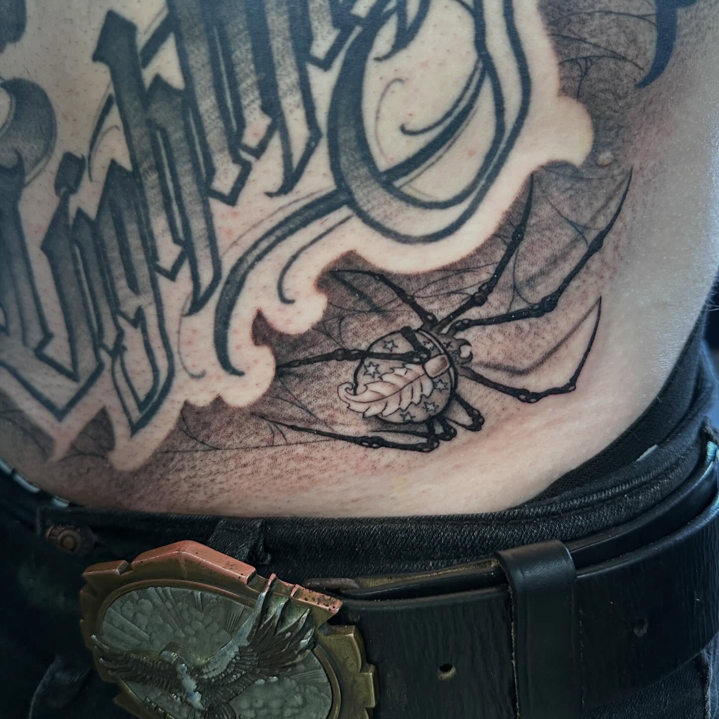 Spider black and grey tattoo on the torso by Dustin Clark, Dayton, Ohio