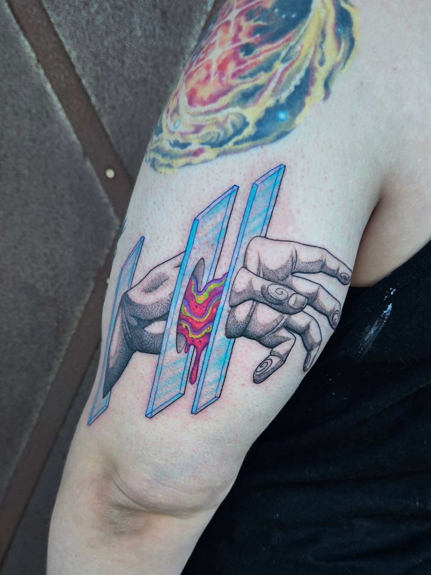 Hands and geometric shapes geometric tattoo on the forearm by Bellz Rehder