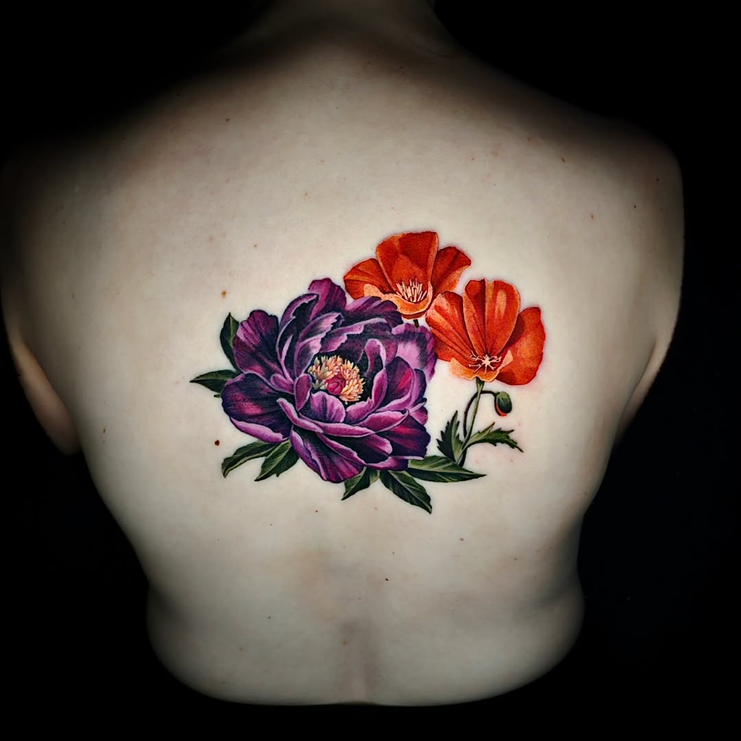 Peony and poppies neo-traditional tattoo on the back by Shar - Utah Tattoo Artist