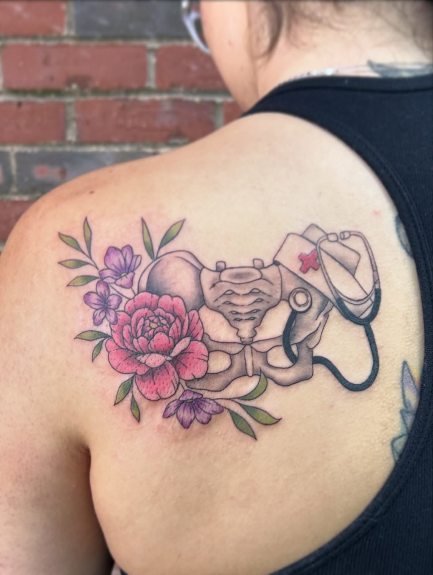 Medical equipment and flowers realism tattoo on the shoulder by 🕸🖤Kass🖤🕸