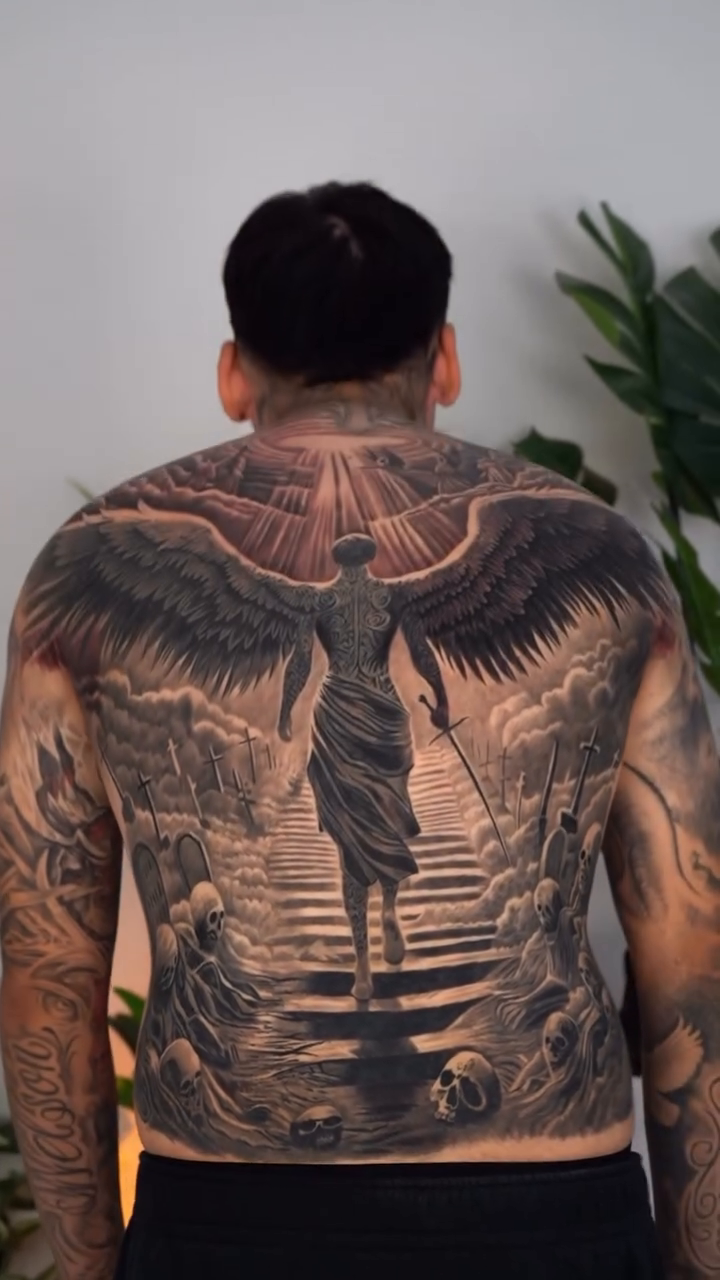 Realism tattoo on the back by Nathan, Charlotte, North Carolina
