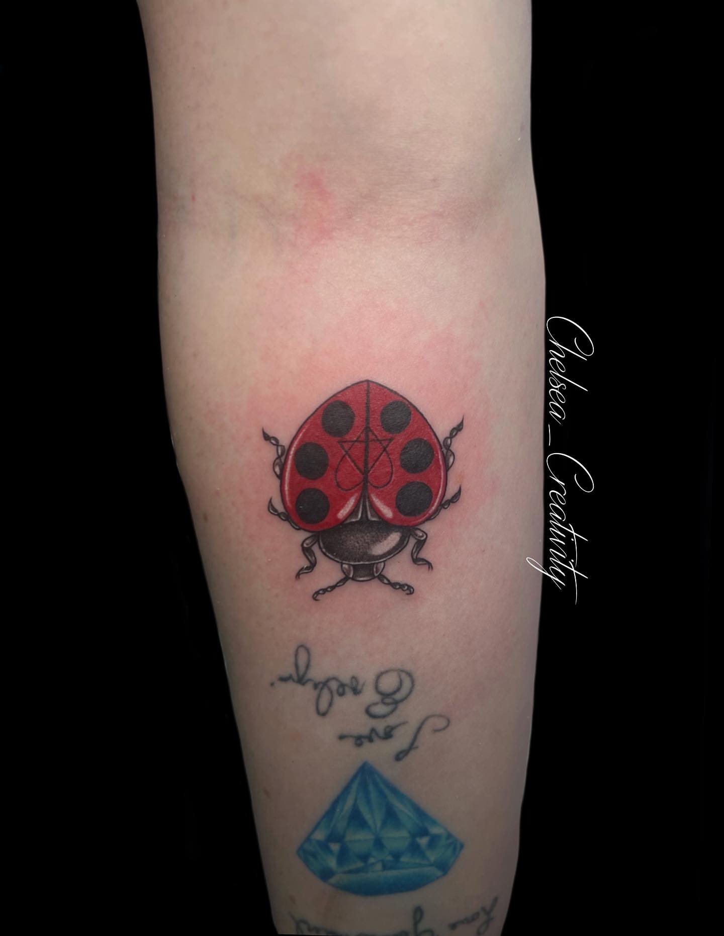 Ladybug dotwork tattoo on the forearm by Chelsea Nichole