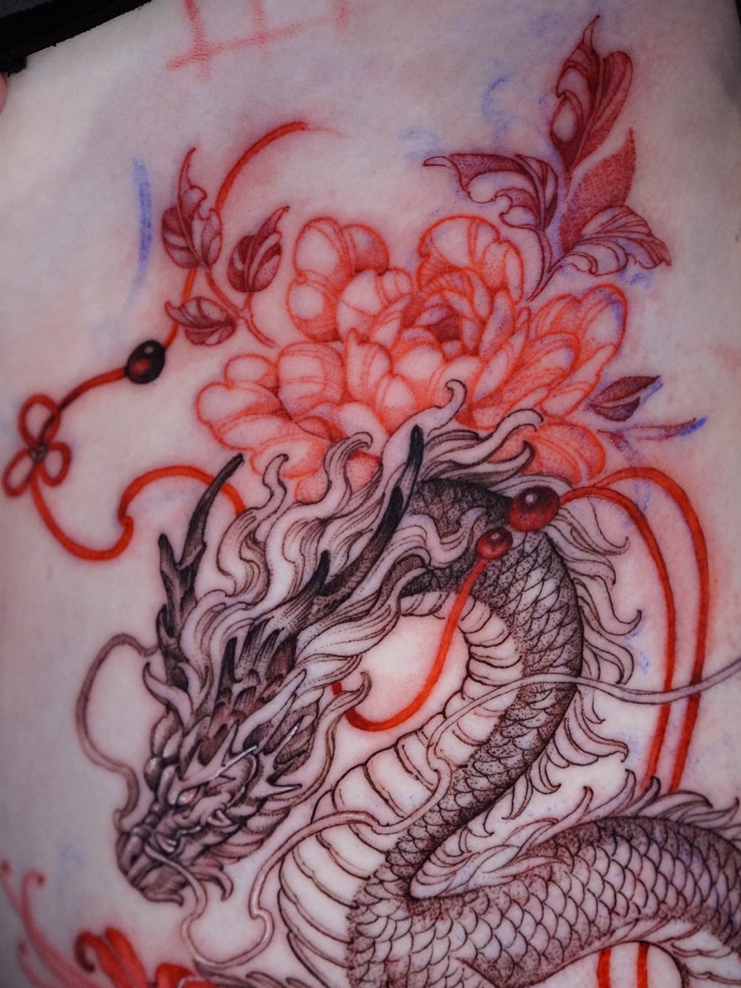 Dragon and flowers japanese irezumi tattoo on the torso by 🌛 Lê Huỳnh🌜, Dallas, Texas