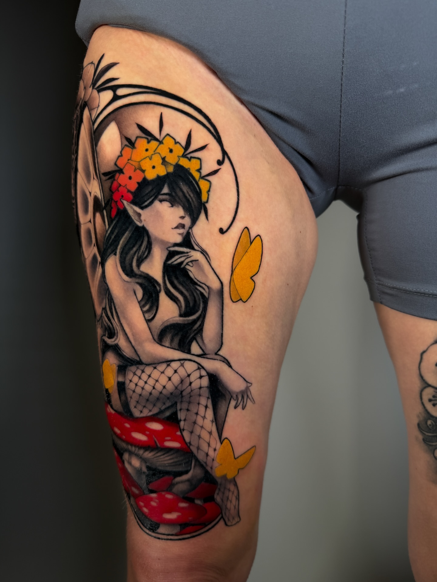 Elf girl with mushrooms new school tattoo on the thigh by Carlos Valdes ✨ Tattoo Artist in Tampa FL