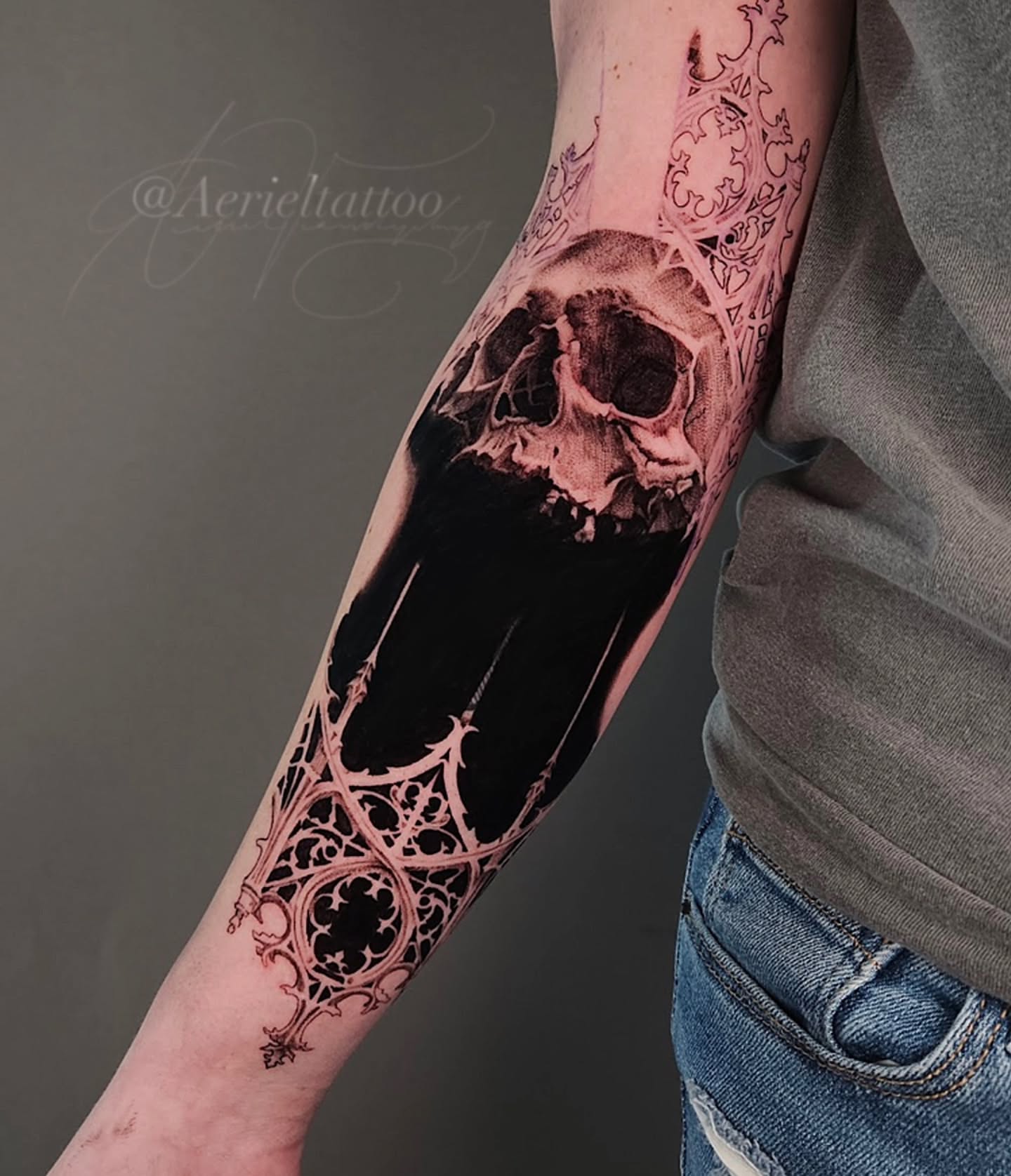 Tattoo by @aerieltattoo — dark_realism, black_and_grey