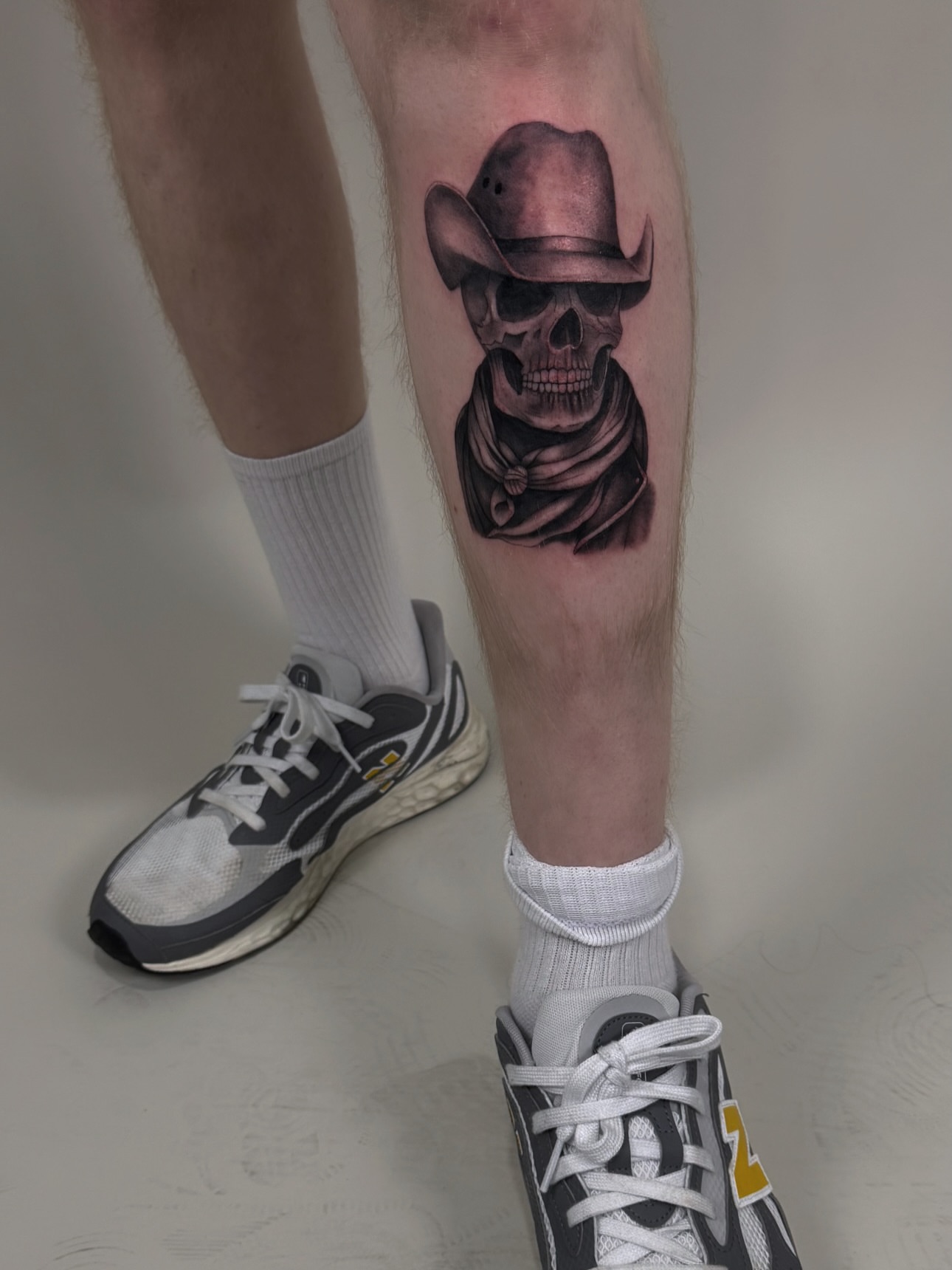 Cowboy skull realism tattoo on the thigh by sabina