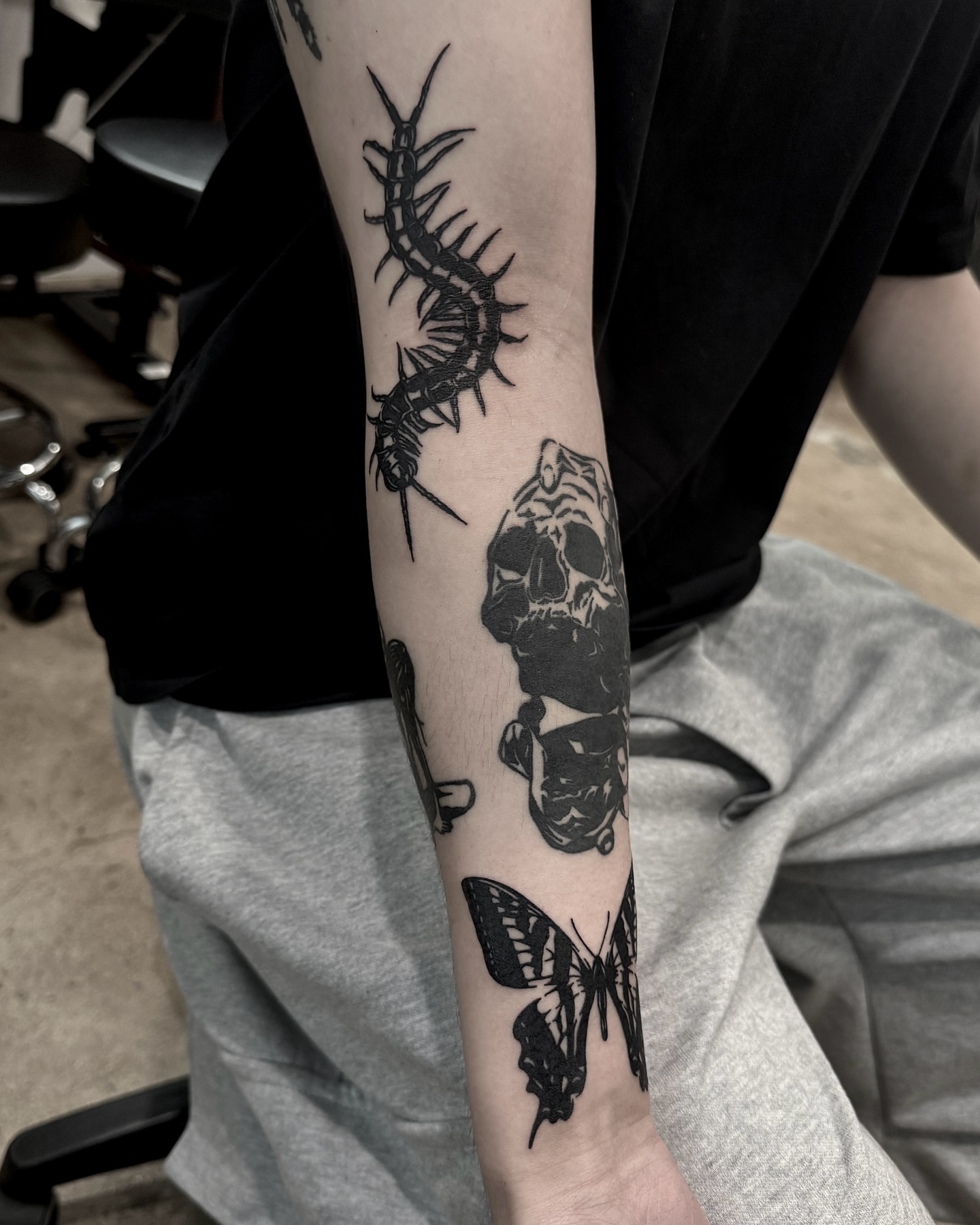 Centipede and skull black and grey tattoo on the forearm by 블랙워크 로니  blackwork roni