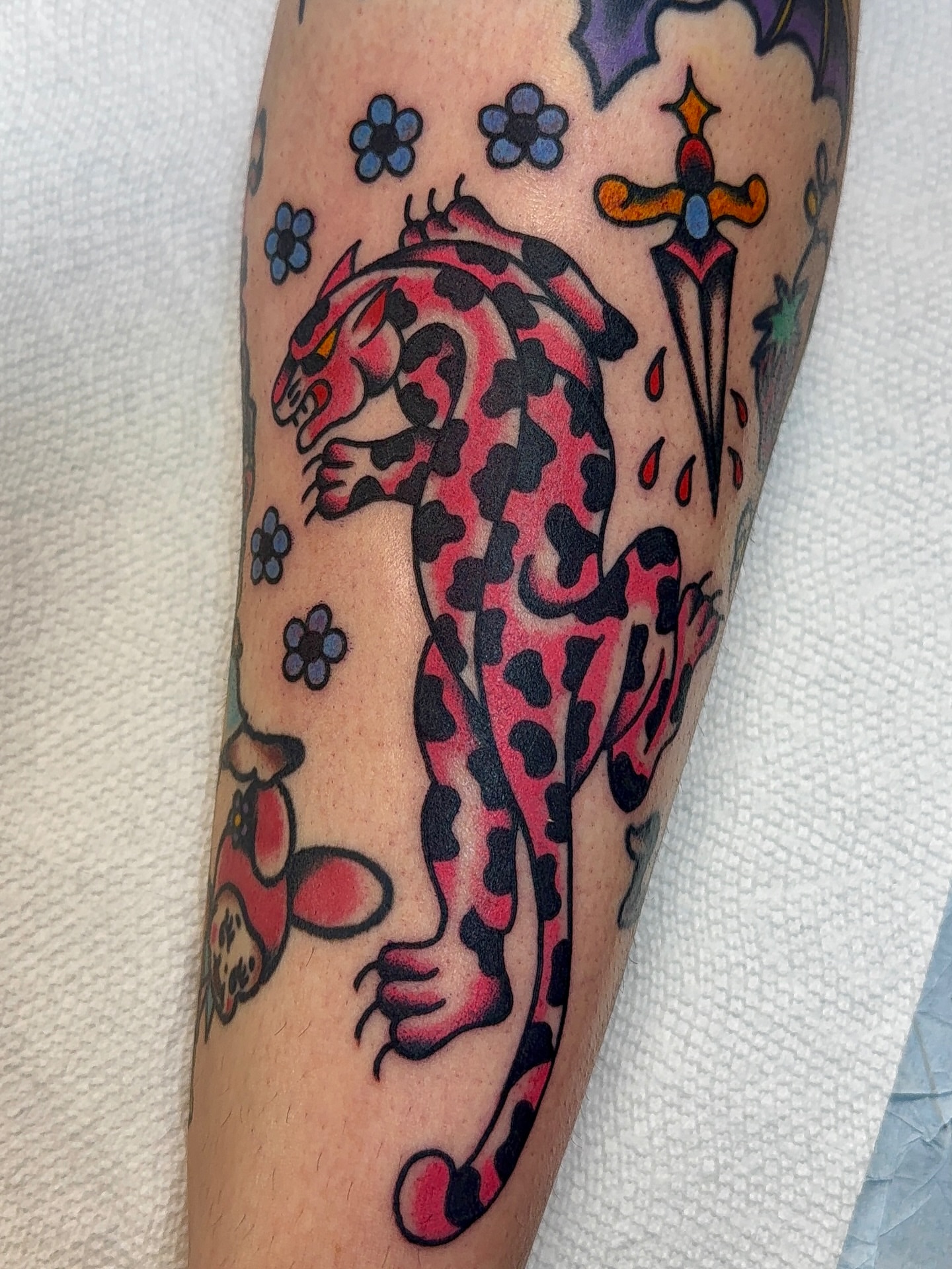 Jaguar American traditional tattoo on the forearm by VAY