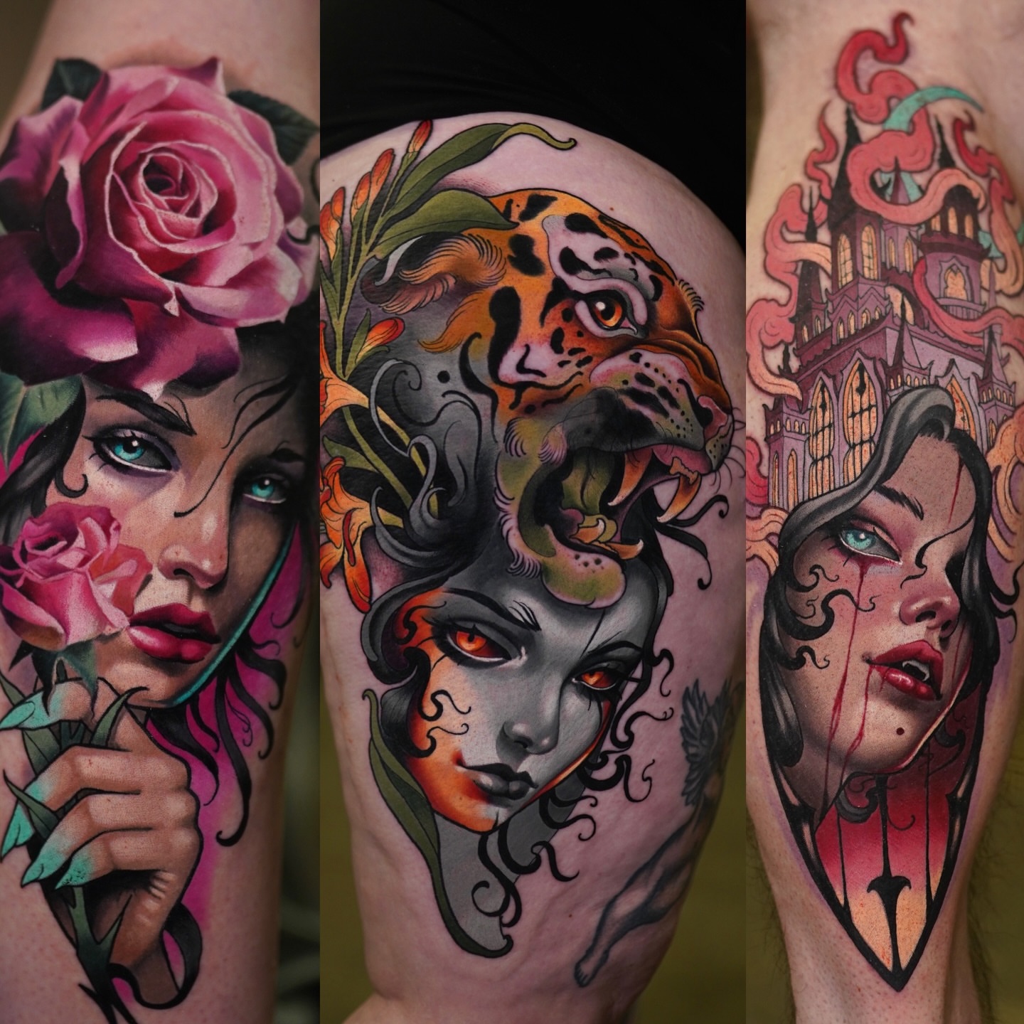 Woman with roses American traditional tattoo on the thigh by Andrey