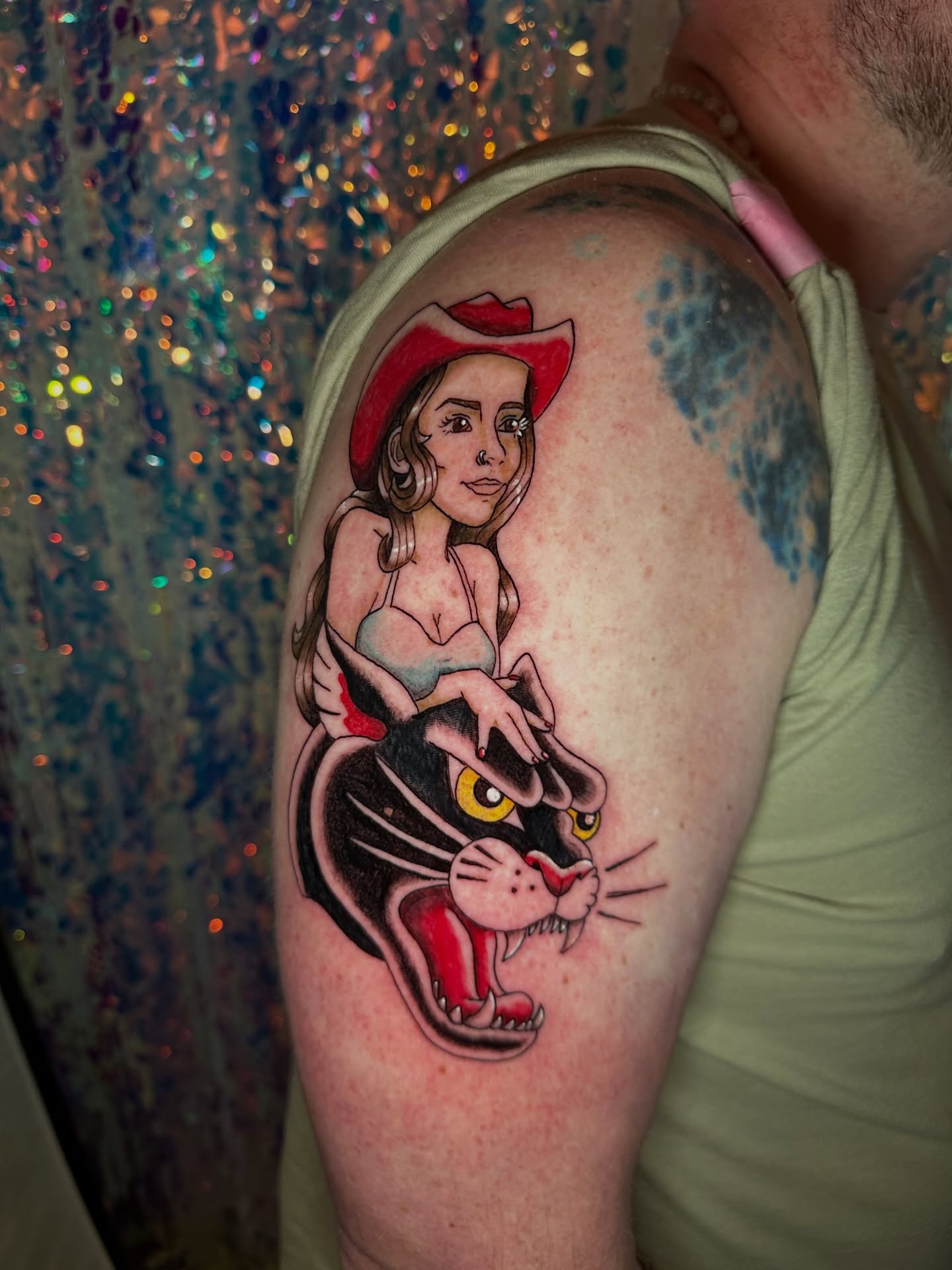 Panther and woman realism tattoo on the shoulder by Sunny, Austin, Texas