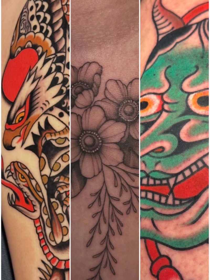 Dragon and flowers American traditional tattoo on the forearm by A.j. Lingerfeldt, Nashville, Tennessee