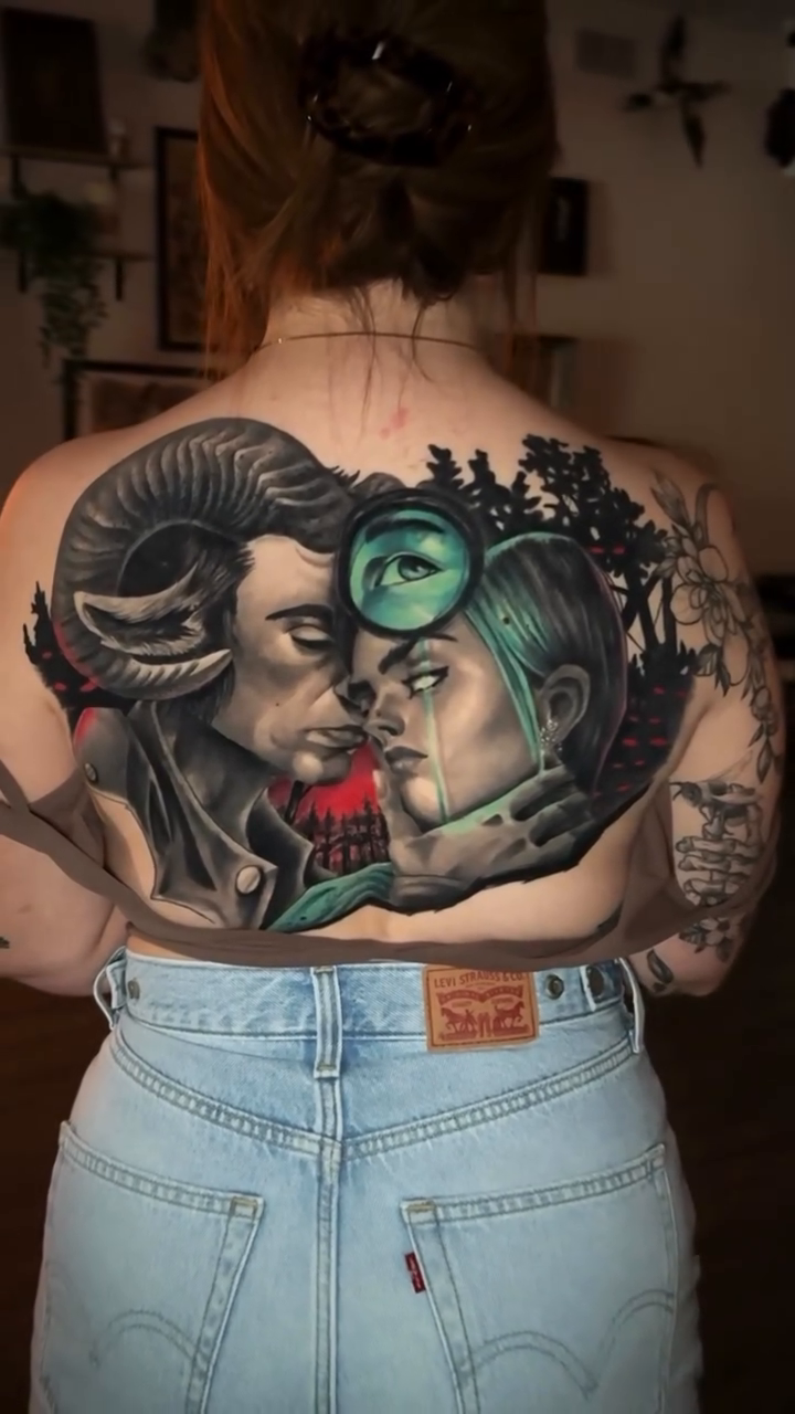Demonic figures and a woman realism tattoo by Drex - Dallas Tattoo Artist