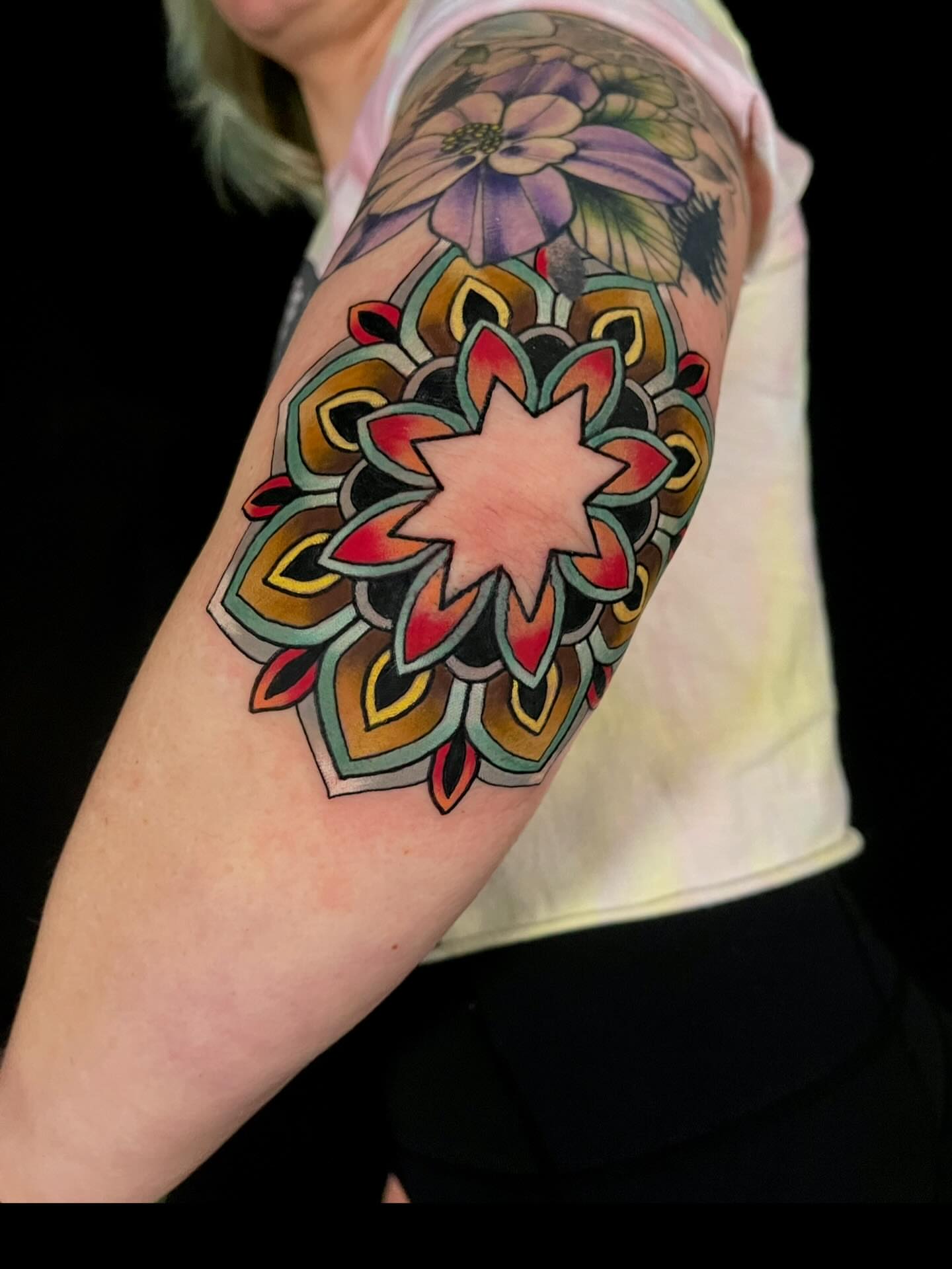 Mandala geometric tattoo on the forearm by ✨𝕄𝕚𝕜𝕖 𝕆’𝔽𝕒𝕣𝕣𝕖𝕝𝕝✨, Denver, Colorado
