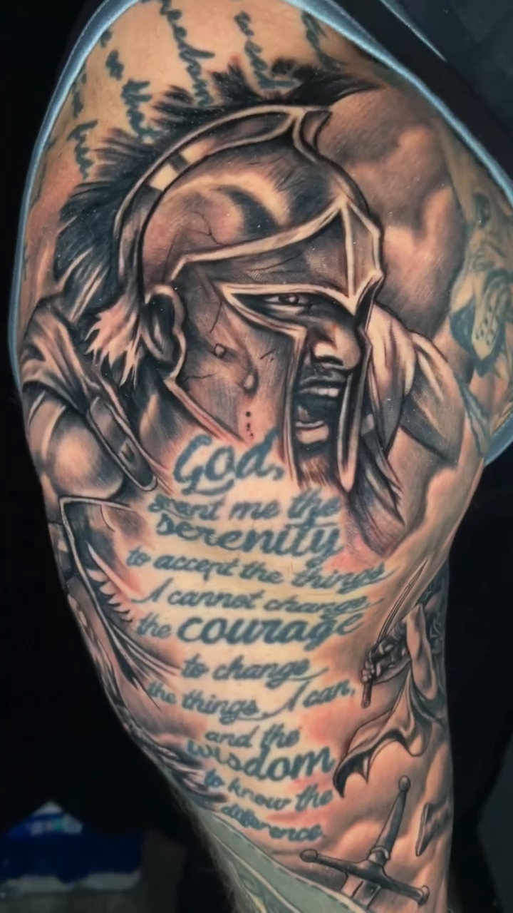Spartan warrior and prayer realism tattoo by Shaunboweink